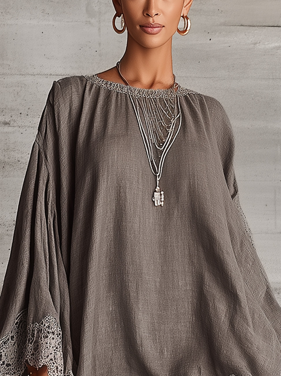 Gray Batwing Sleeve High-Low Mini Dress With Lace Trim