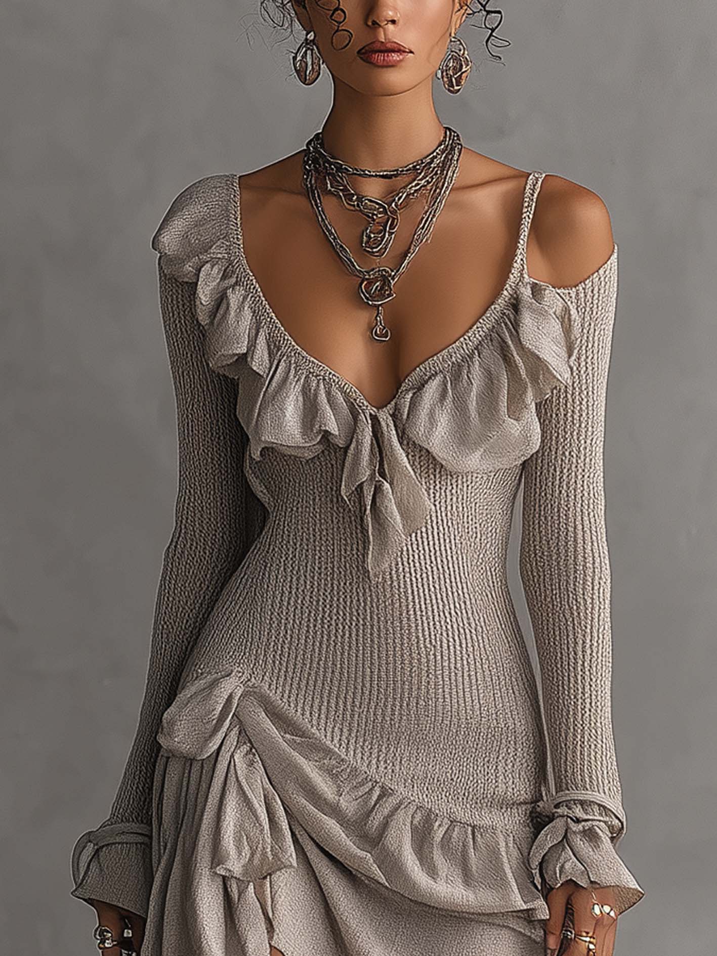 Light Gray Knit Cold Shoulder Ruffle Patchwork Mini Dress