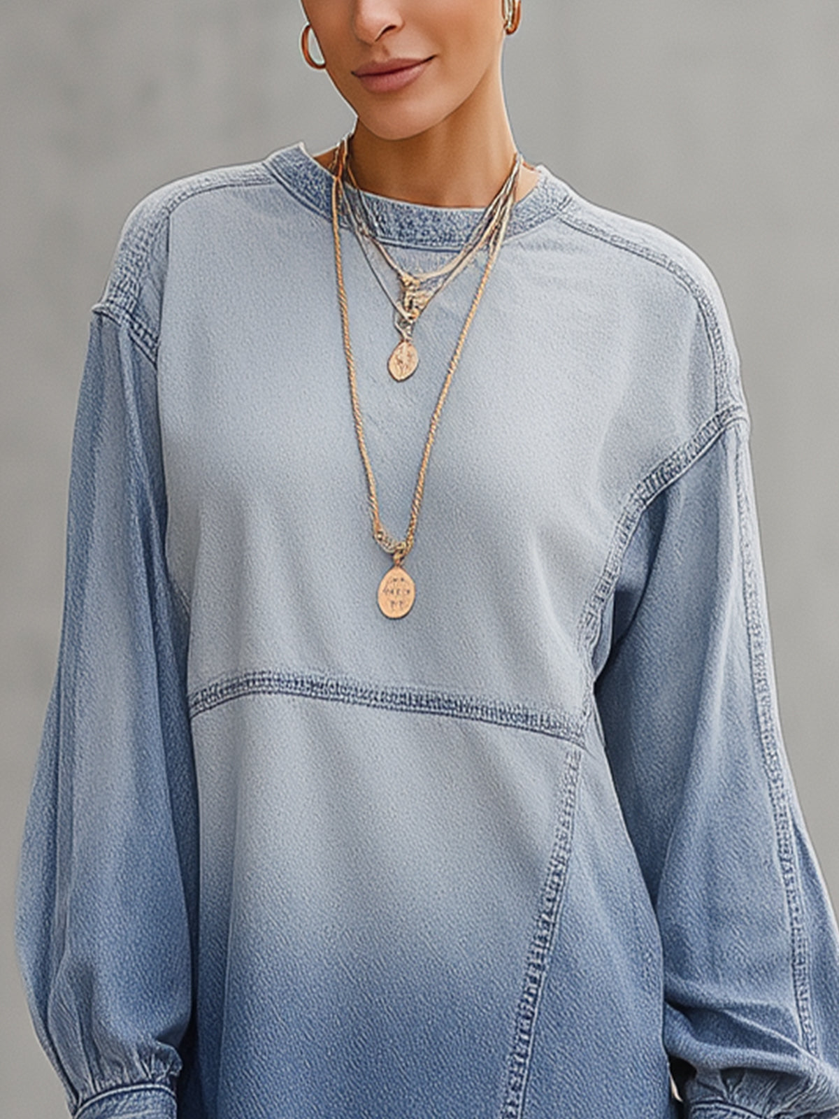 Light Blue Ombre Denim Long Sleeve Mini Dress