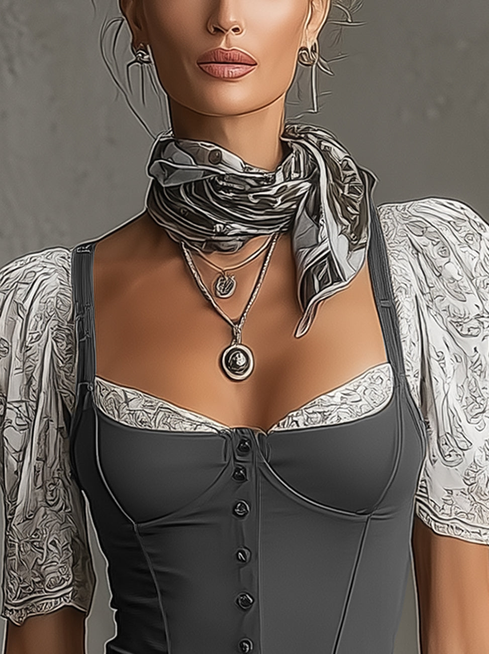 Gray Corset-Style Puff-Sleeve Shirt With Printed Contrast Fabric