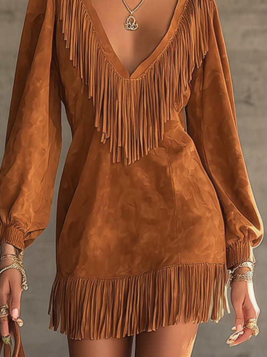 Caramel Faux Suede Mini Dress With Fringe Detail And Deep V-Neck