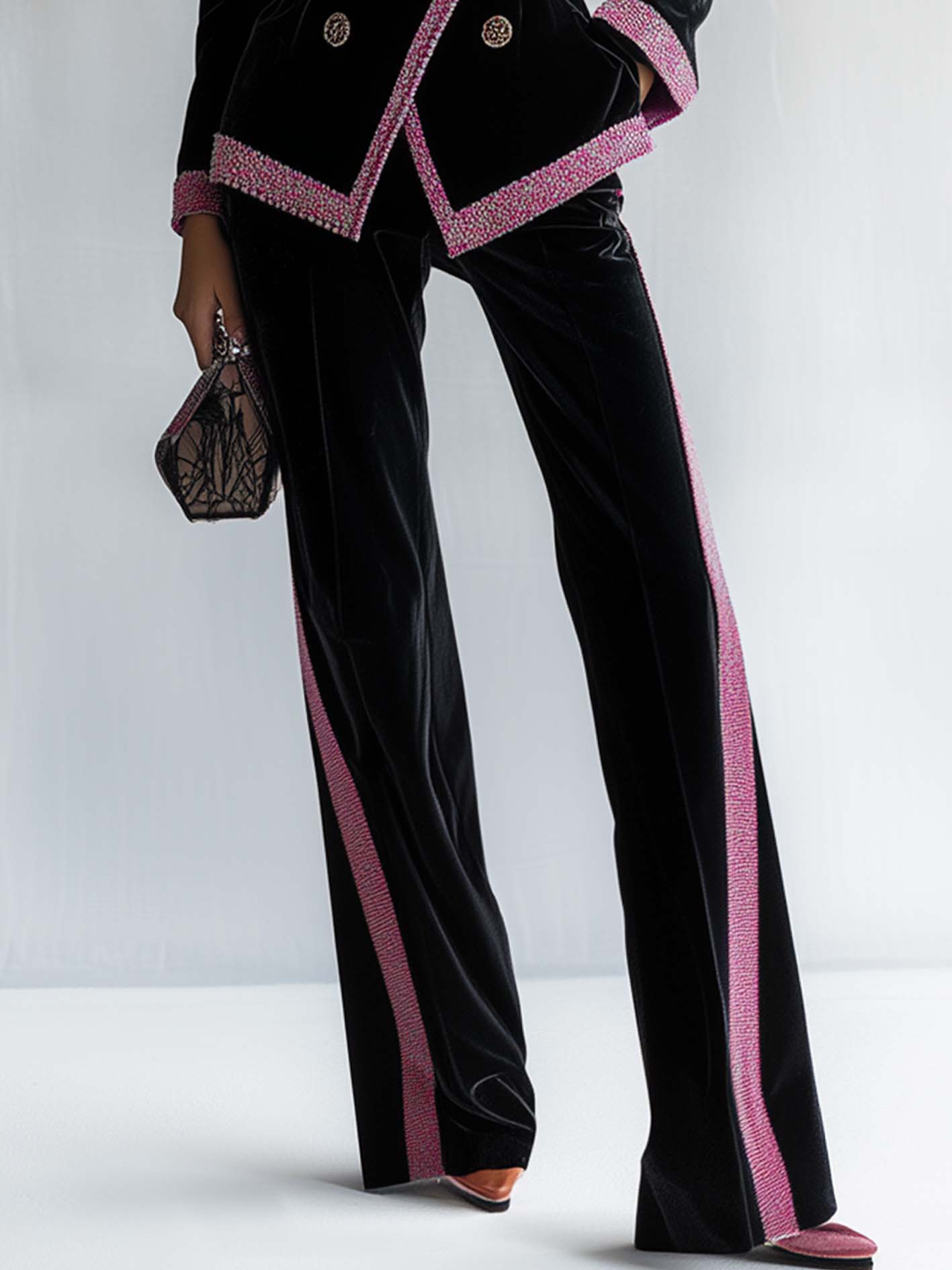Double-breasted Black Velvet Suit With Pink Printed Lines