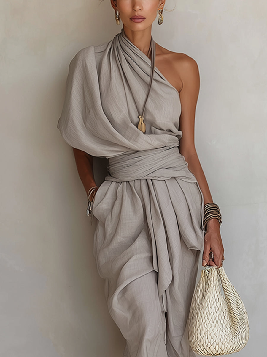 Gray Asymmetric Draped Linen Maxi Dress