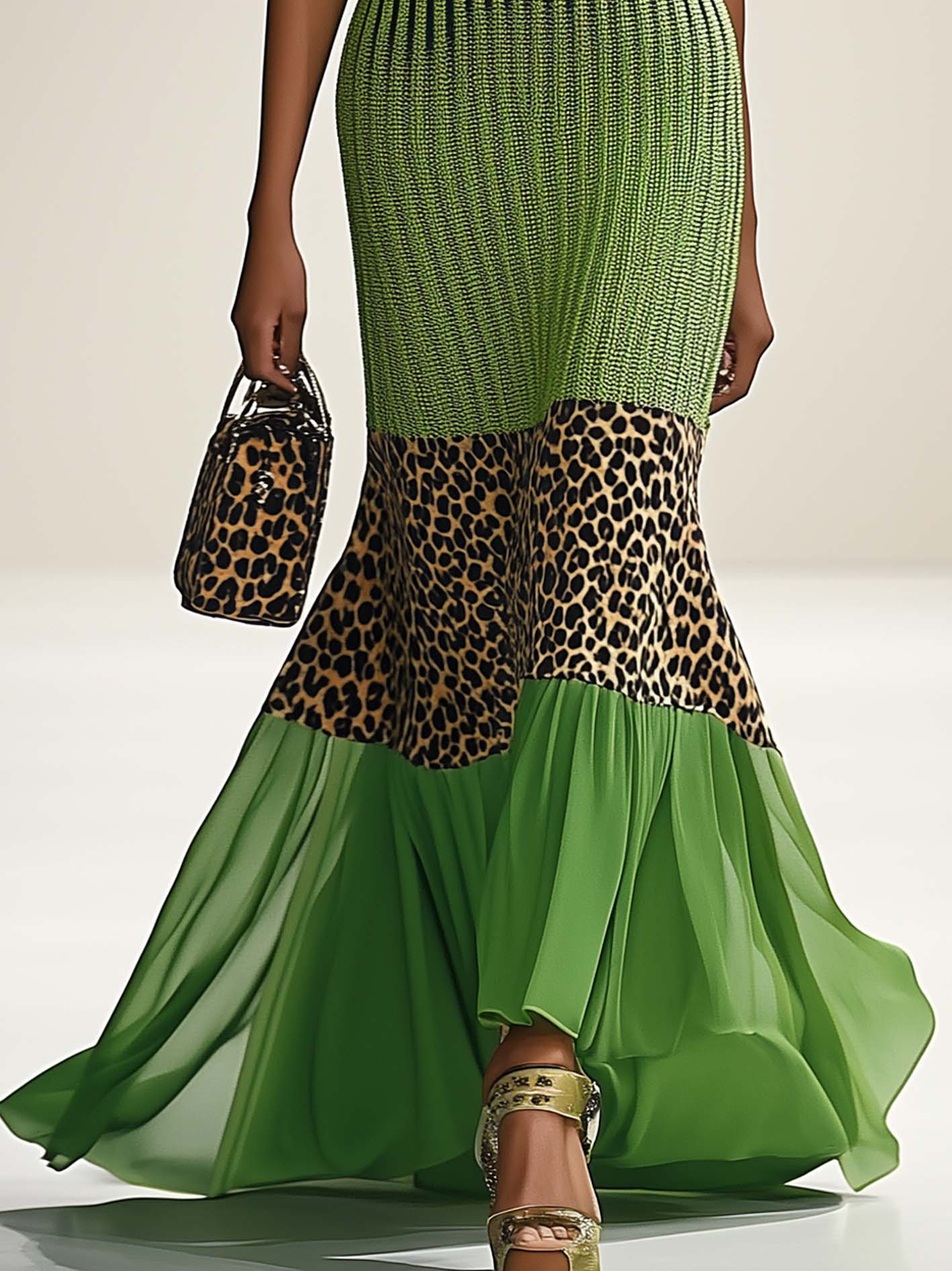 Green Knitted Maxi Dress With Leopard Print Chiffon