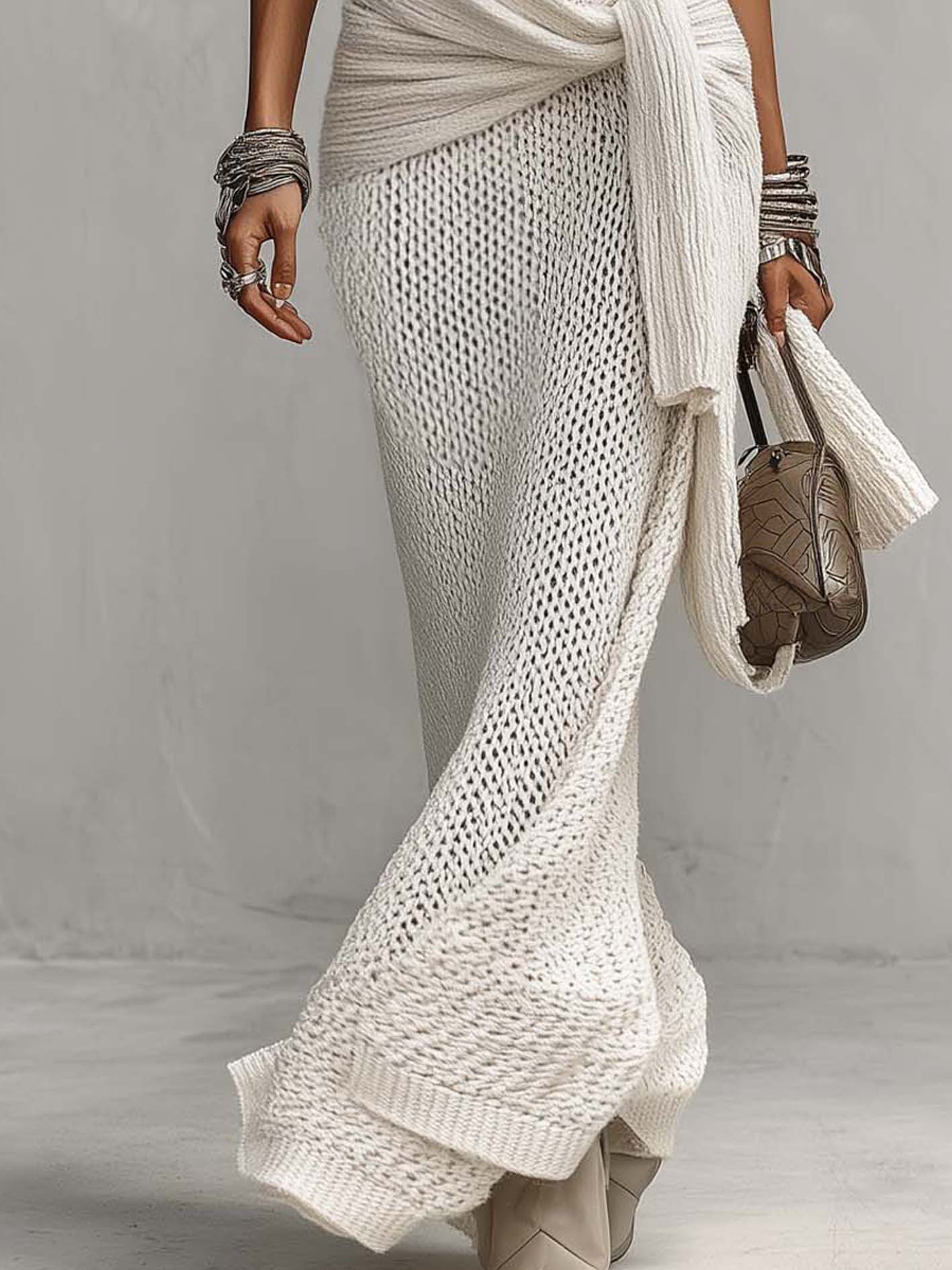 White Boho Sleeveless Hollow Knit Maxi Dress With Waist Tie