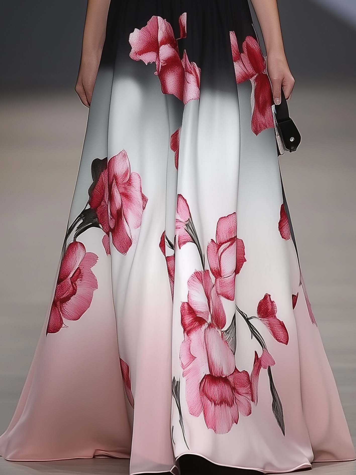 Black Maxi Dress With Pink And Floral Gradient Satin Knit Patchwork