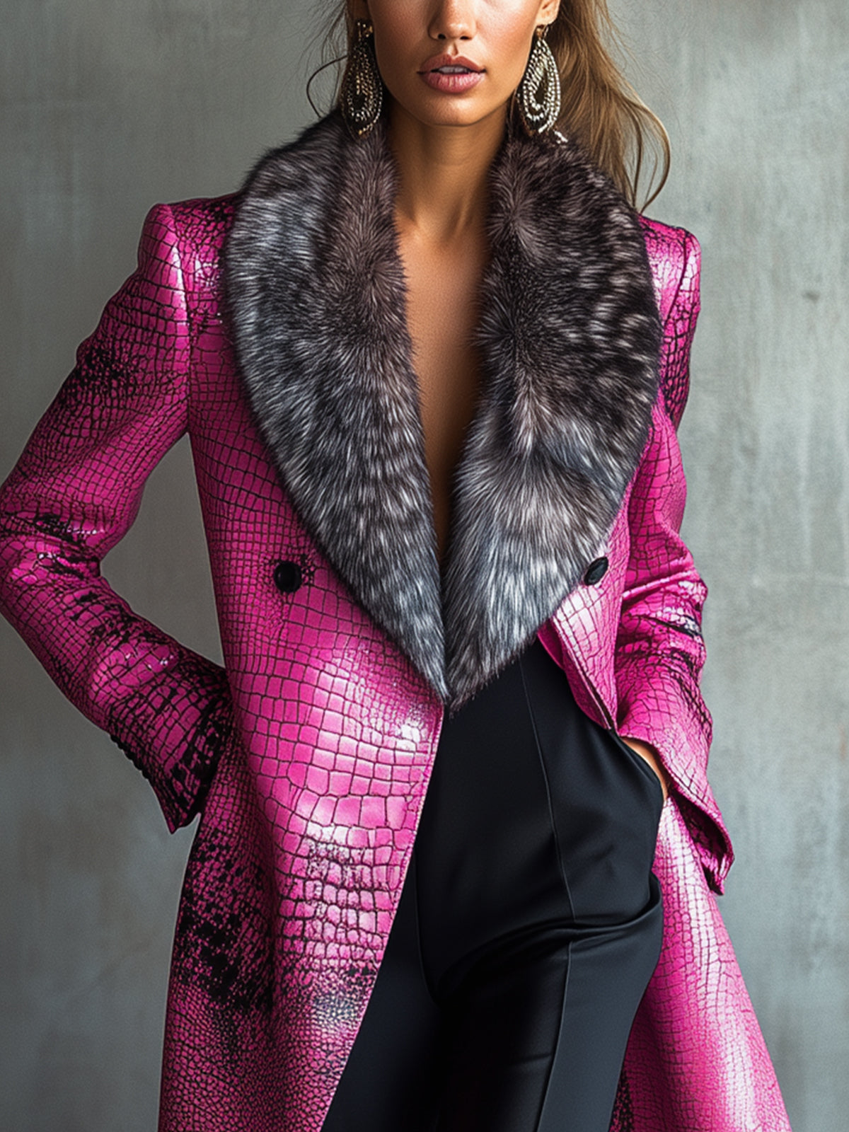 Rose Faux Crocodile Fur Collar Coat