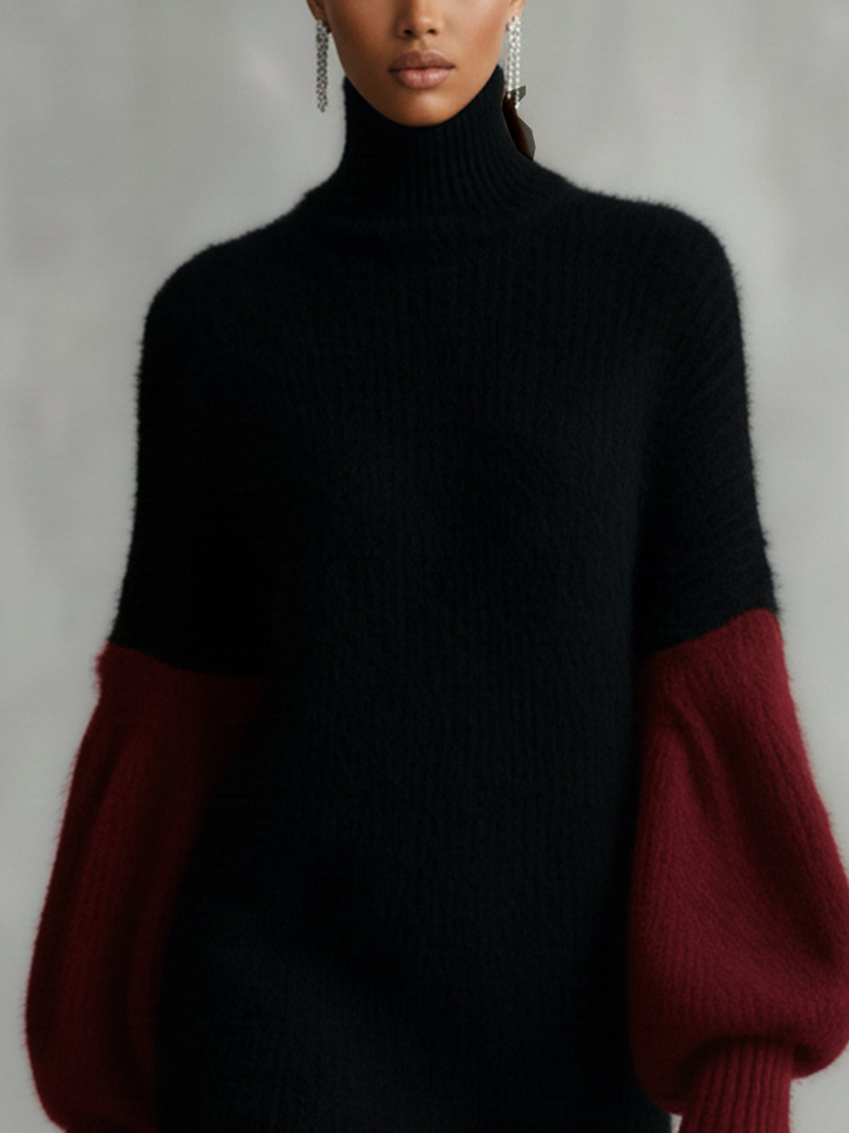 Black And Burgundy Knit Turtleneck Dress With Fringe Hem