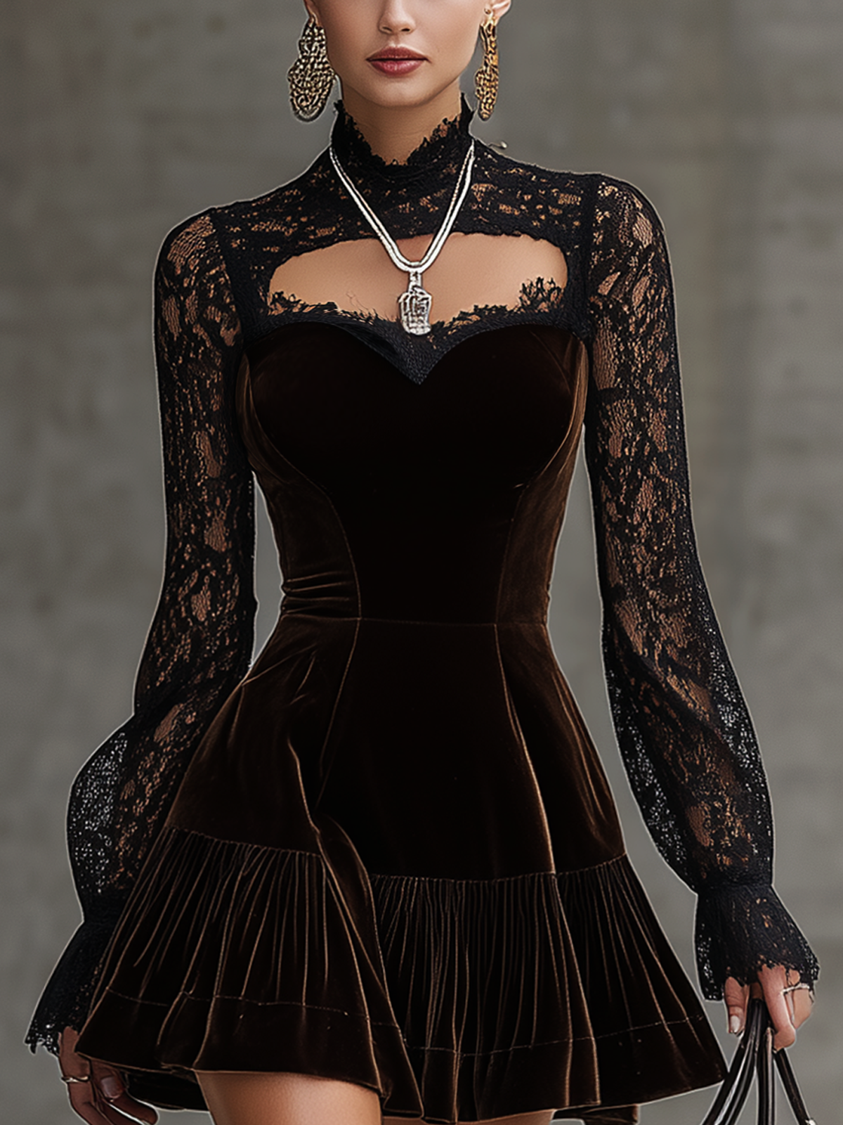 Brown Velvet Patchwork Lace Sleeve Hollowed out Slim fit Mini Dress