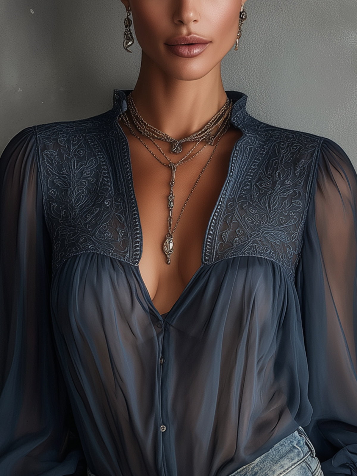 Navy Sheer Embroidered Chiffon Lantern Sleeve Blouse