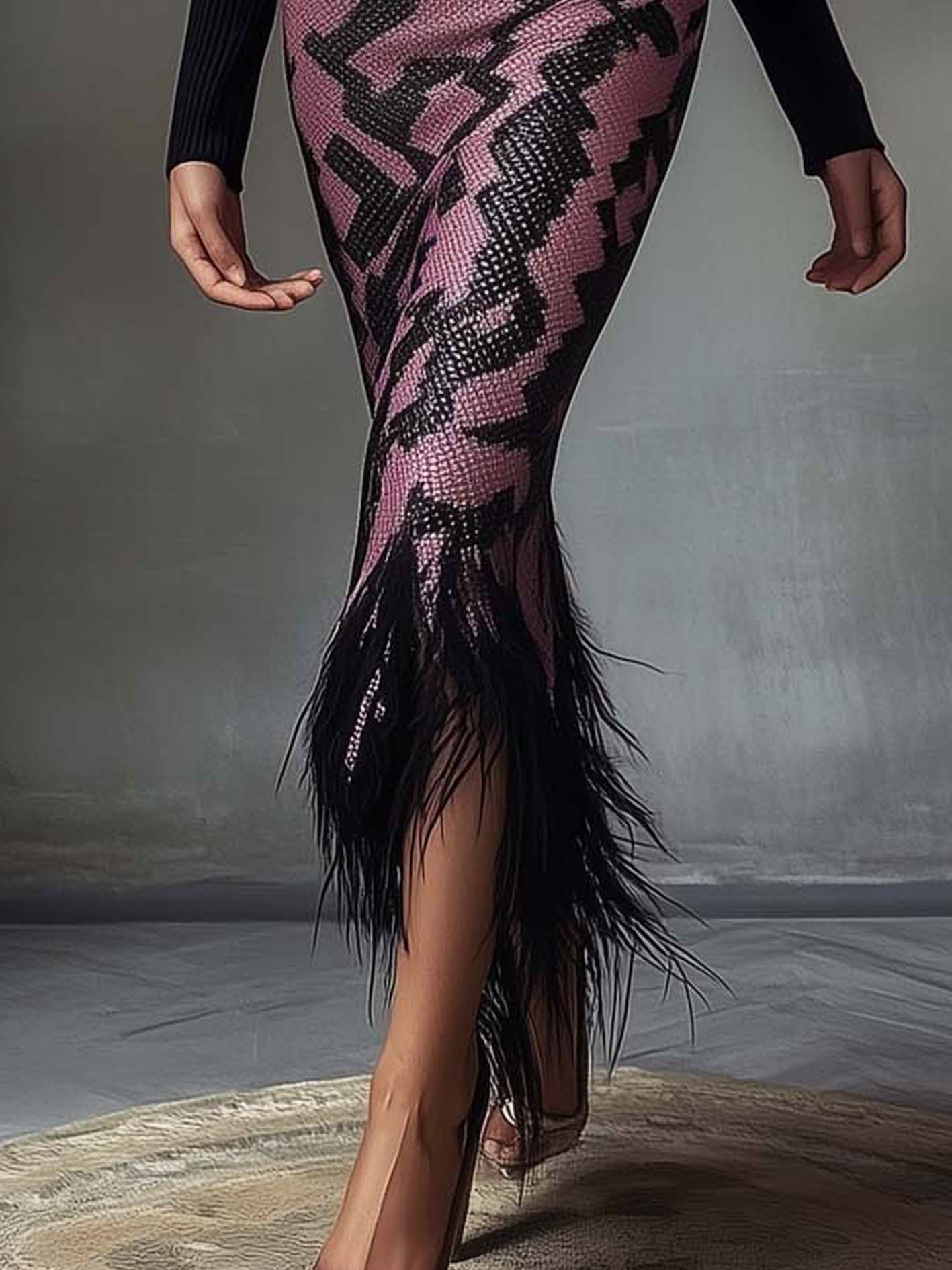 Off Shoulder Black Midi Bodycon Dress With Tassels And Snake Print