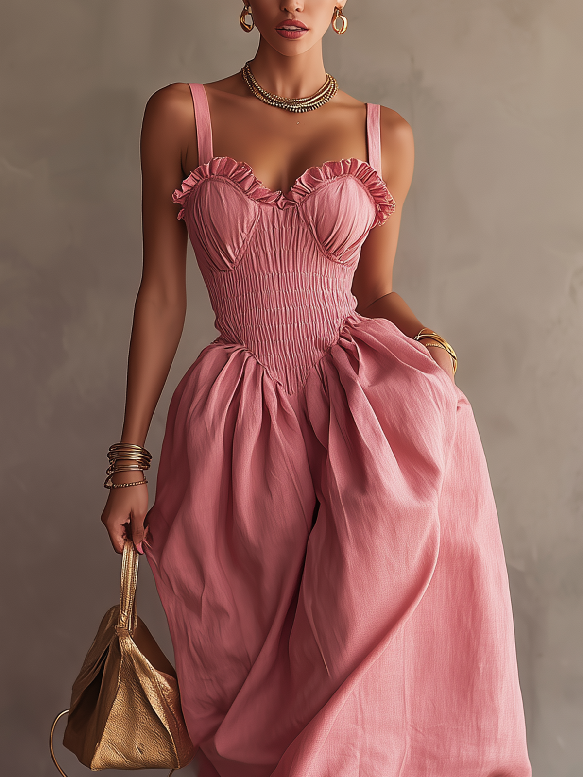 Pink Rose Ruched Corset Linen Maxi Dress