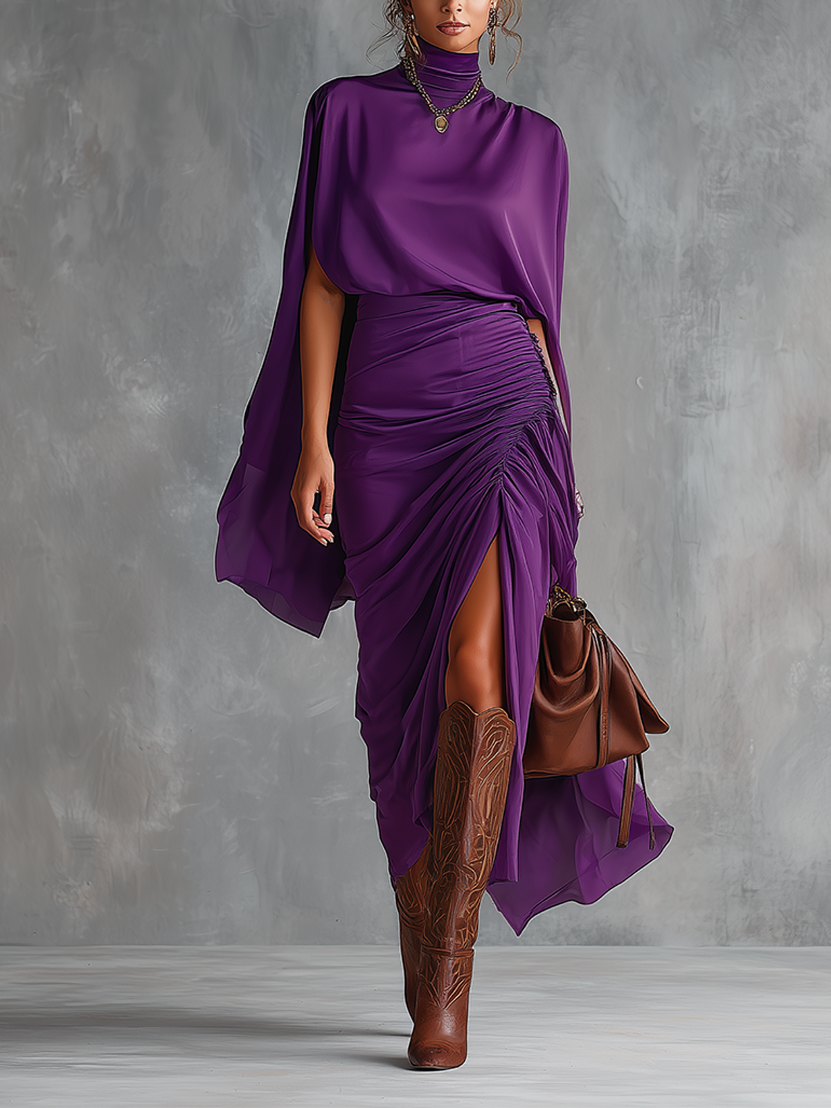 Purple Draped High-Neck Ruched Maxi Dress