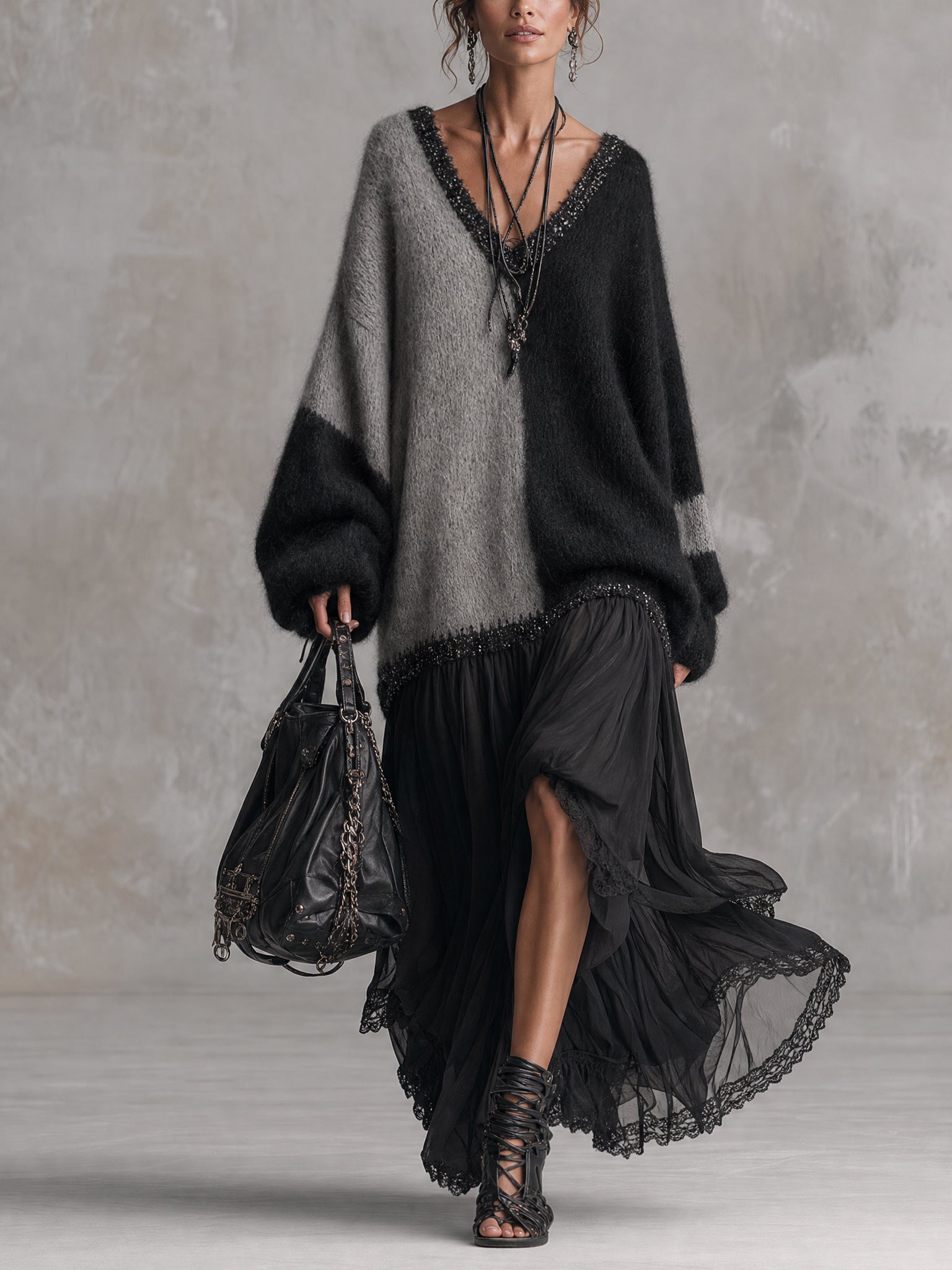 Black And Gray Chiffon Patchwork Oversized Knit Maxi Dress