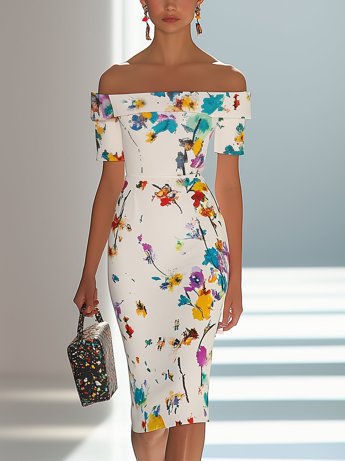 Off Shoulder Colorful Graffiti Bodycon Dress