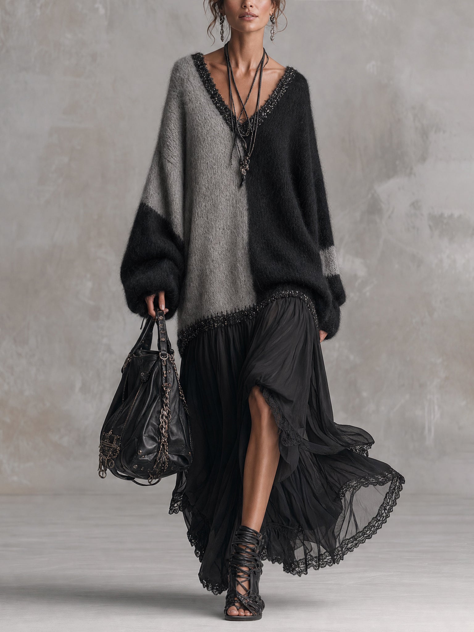 Black And Gray Chiffon Patchwork Oversized Knit Maxi Dress