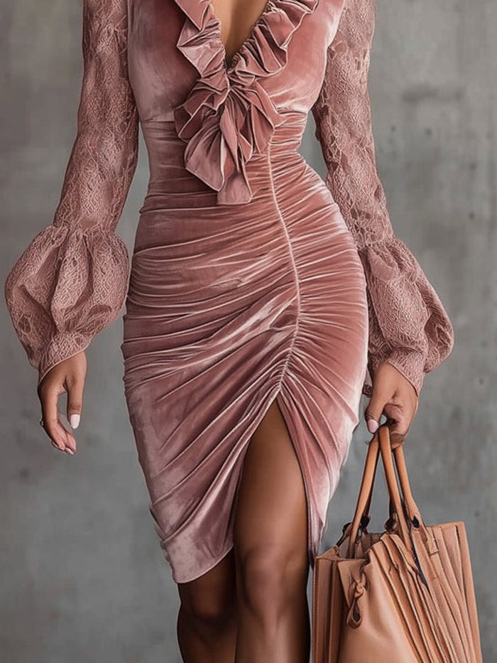 Pink Velvet Ruffled V-Neck Dress With Lace Balloon Sleeves
