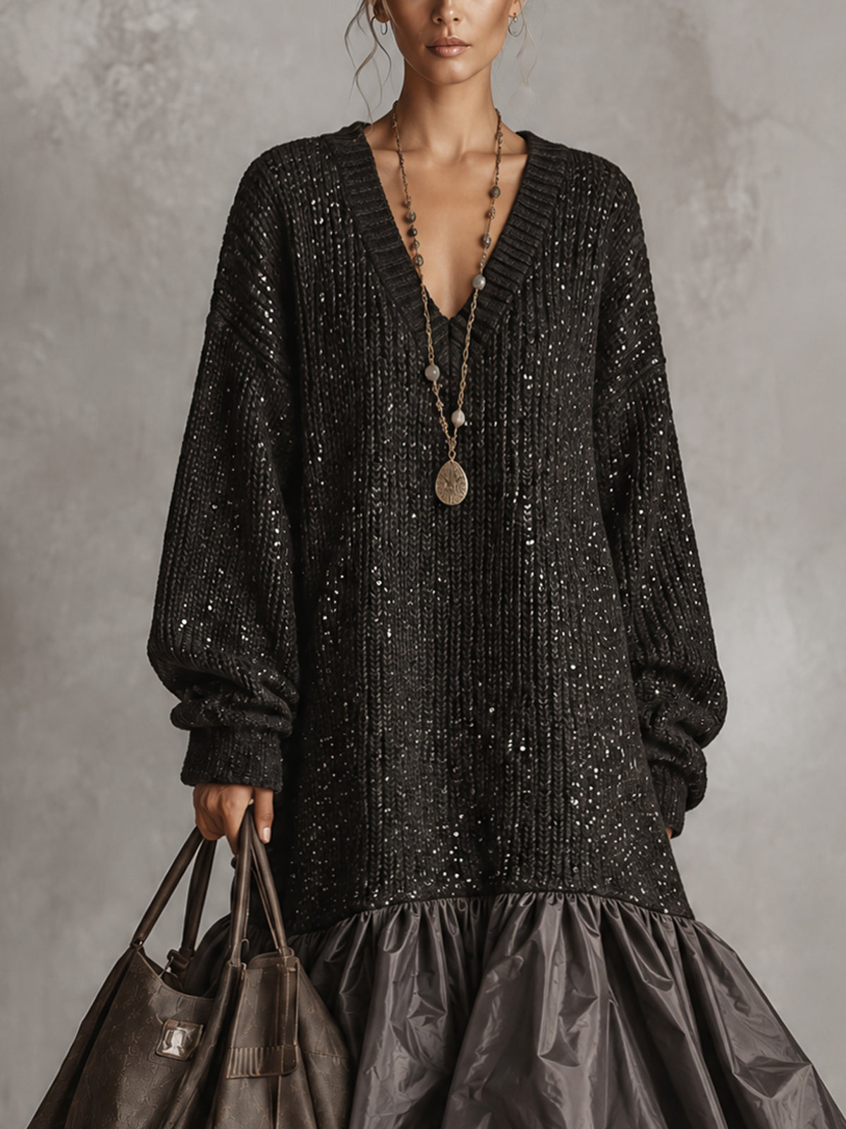 Black Sequin Knit V-Neck Taffeta Patchwork Bubble Hem Oversized Midi Dress
