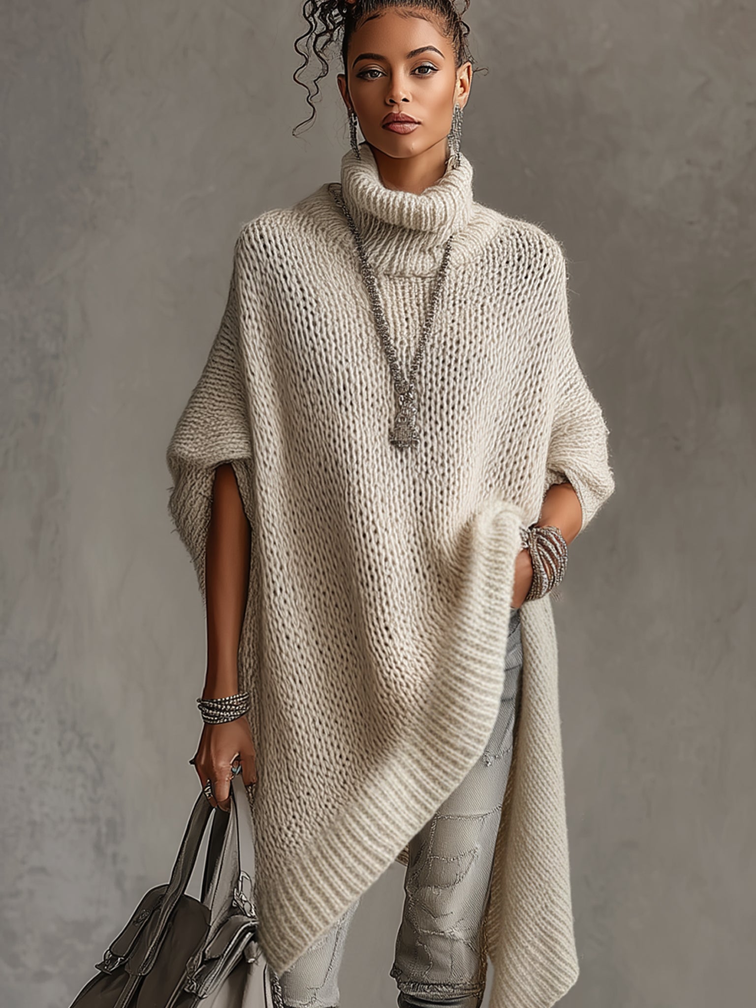 Ivory Asymmetrical Hem Loose Turtleneck Midi Dress