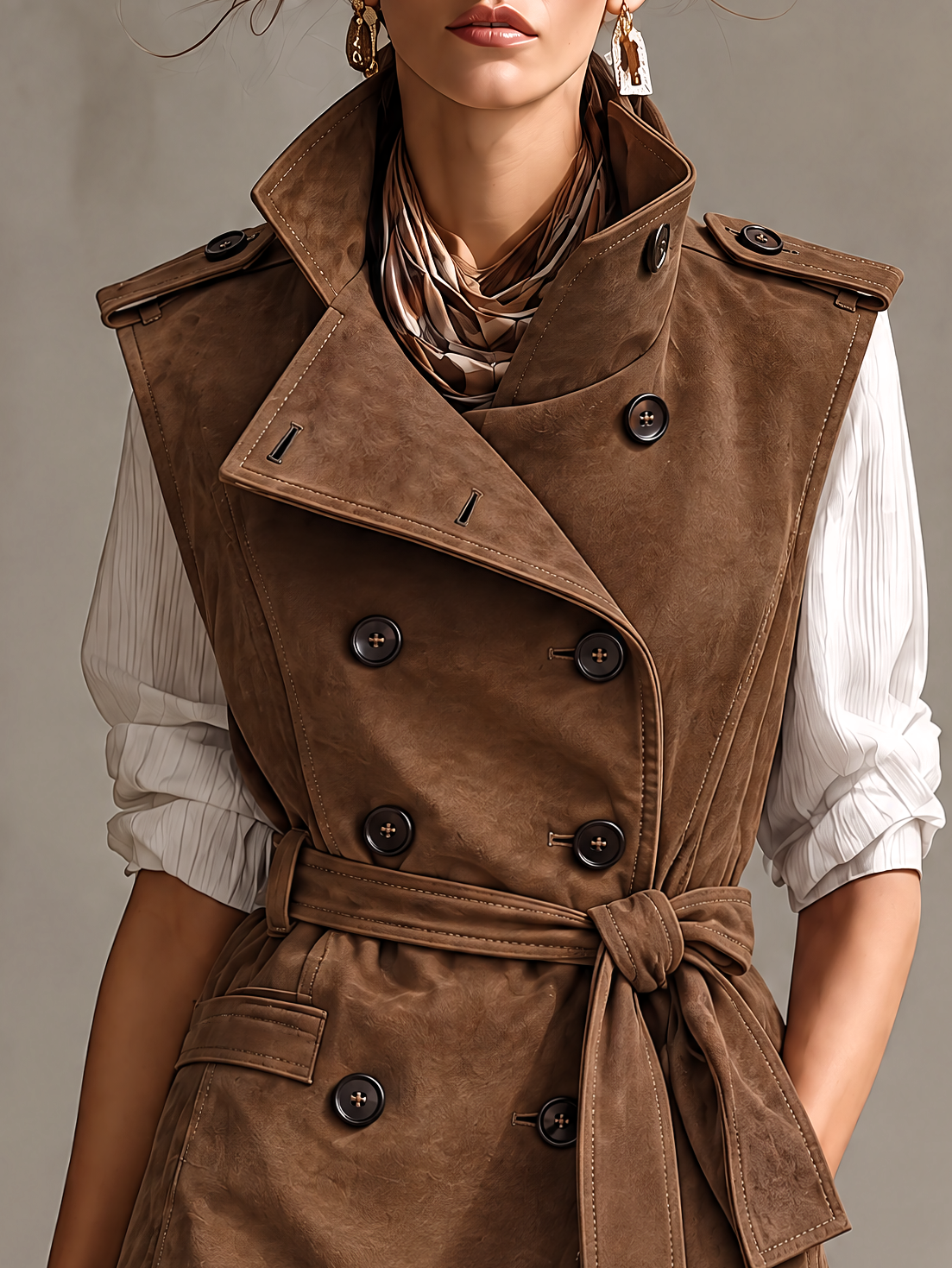 Cognac Suede Sleeveless Trench Vest With Funnel Collar And Belted Waist