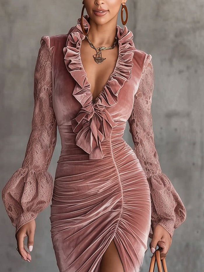 Pink Velvet Ruffled V-Neck Dress With Lace Balloon Sleeves