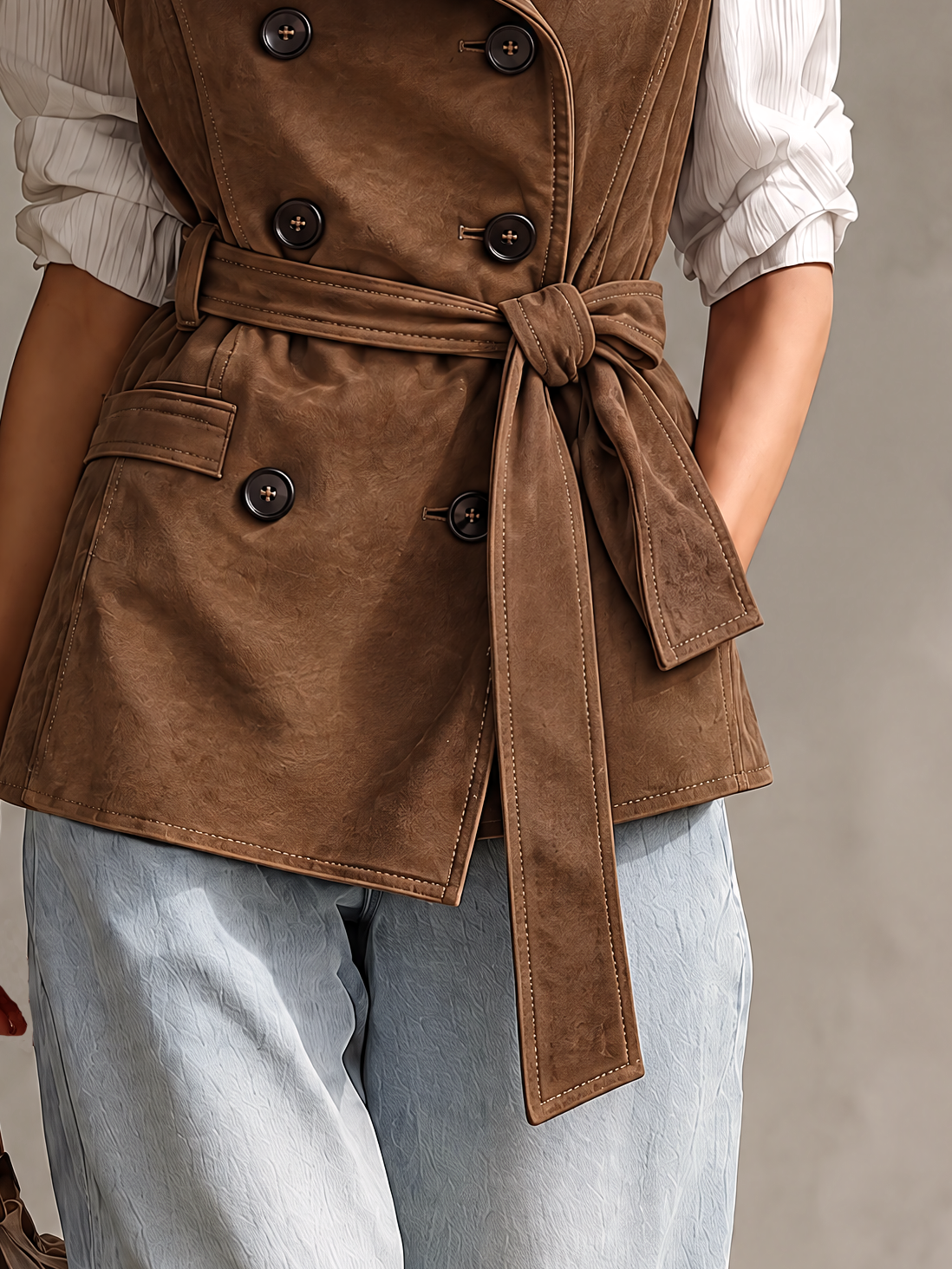 Cognac Suede Sleeveless Trench Vest With Funnel Collar And Belted Waist