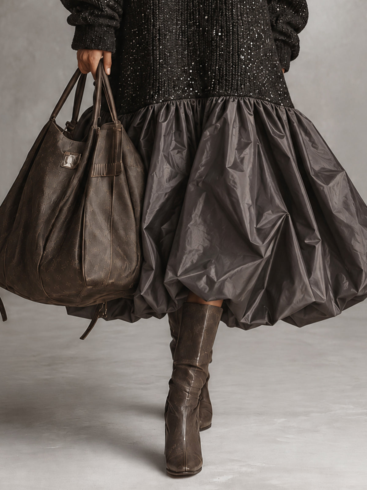 Black Sequin Knit V-Neck Taffeta Patchwork Bubble Hem Oversized Midi Dress