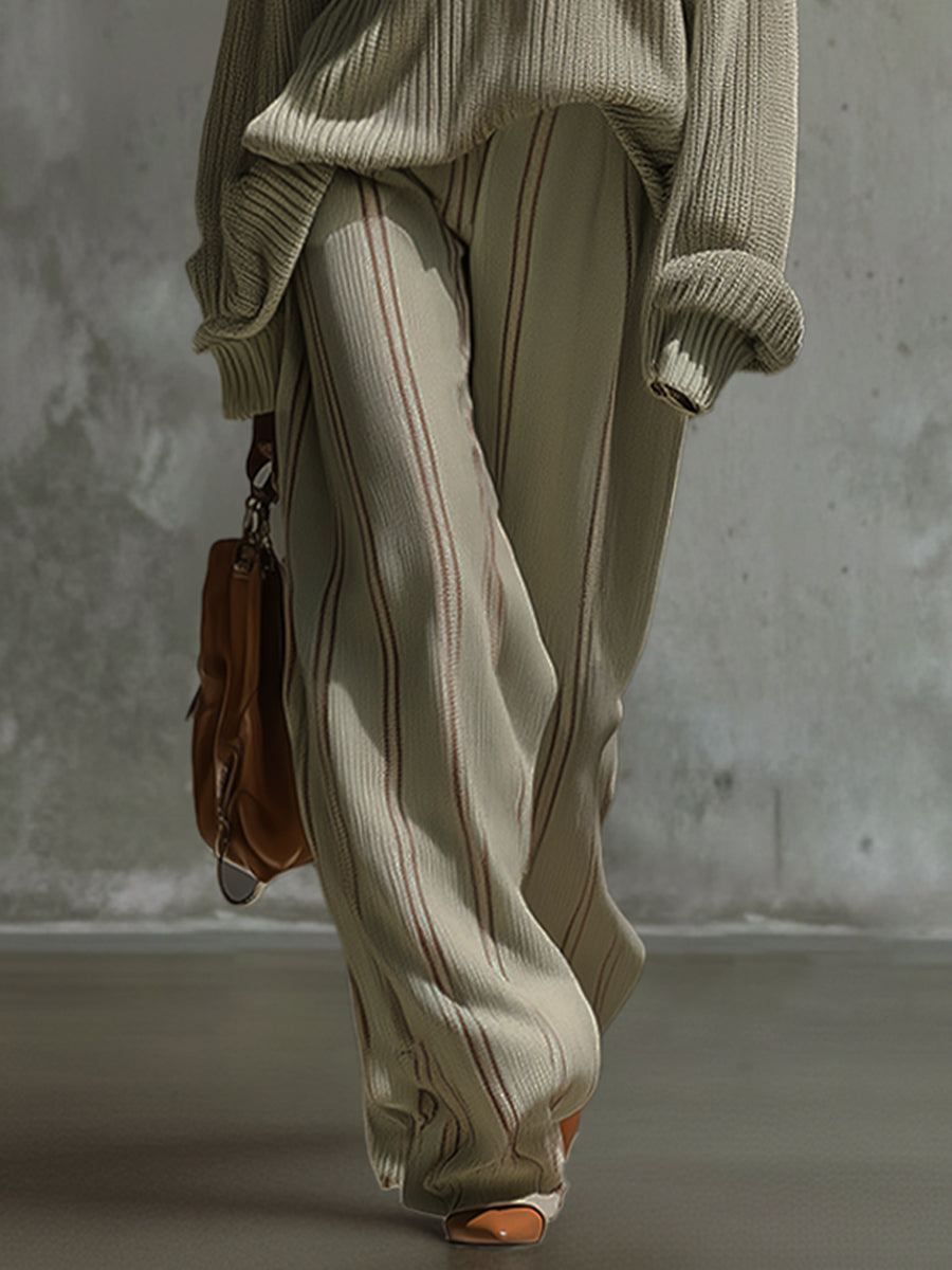 Sage Green Loose Knit V-Neck Top And Wide Leg Pants Set