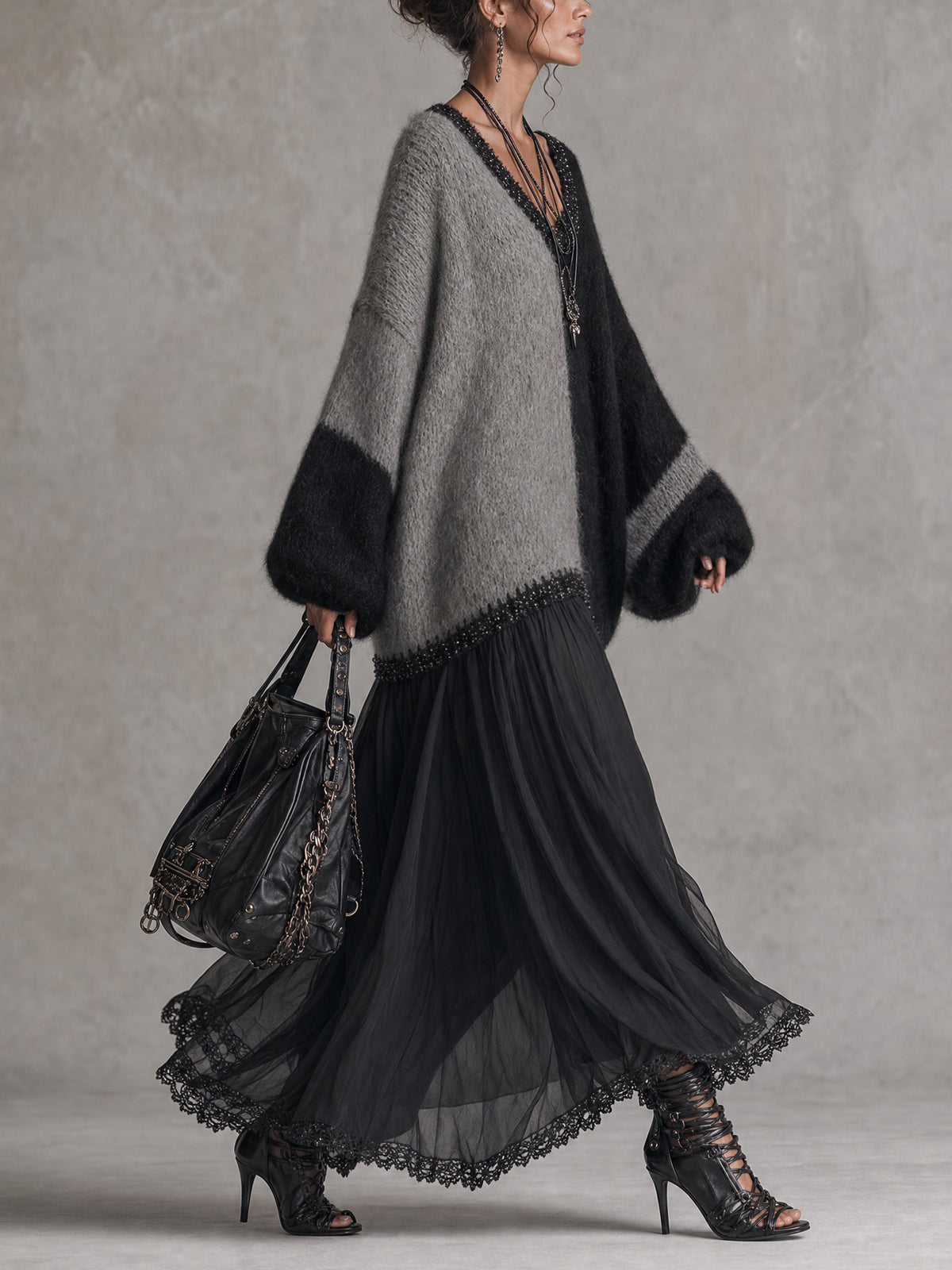 Black And Gray Chiffon Patchwork Oversized Knit Maxi Dress