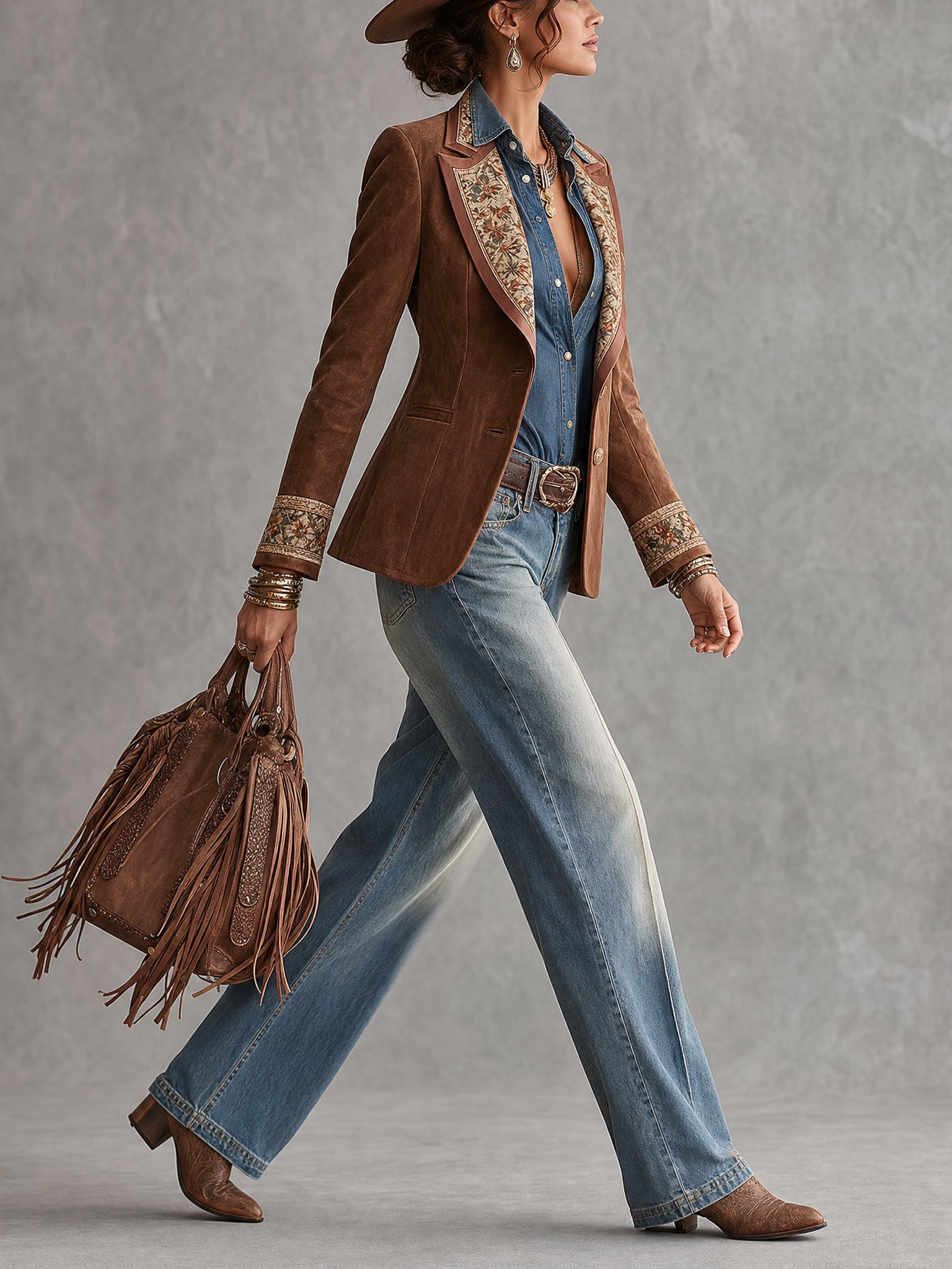 Brown Faux Suede Vintage Print Blazer