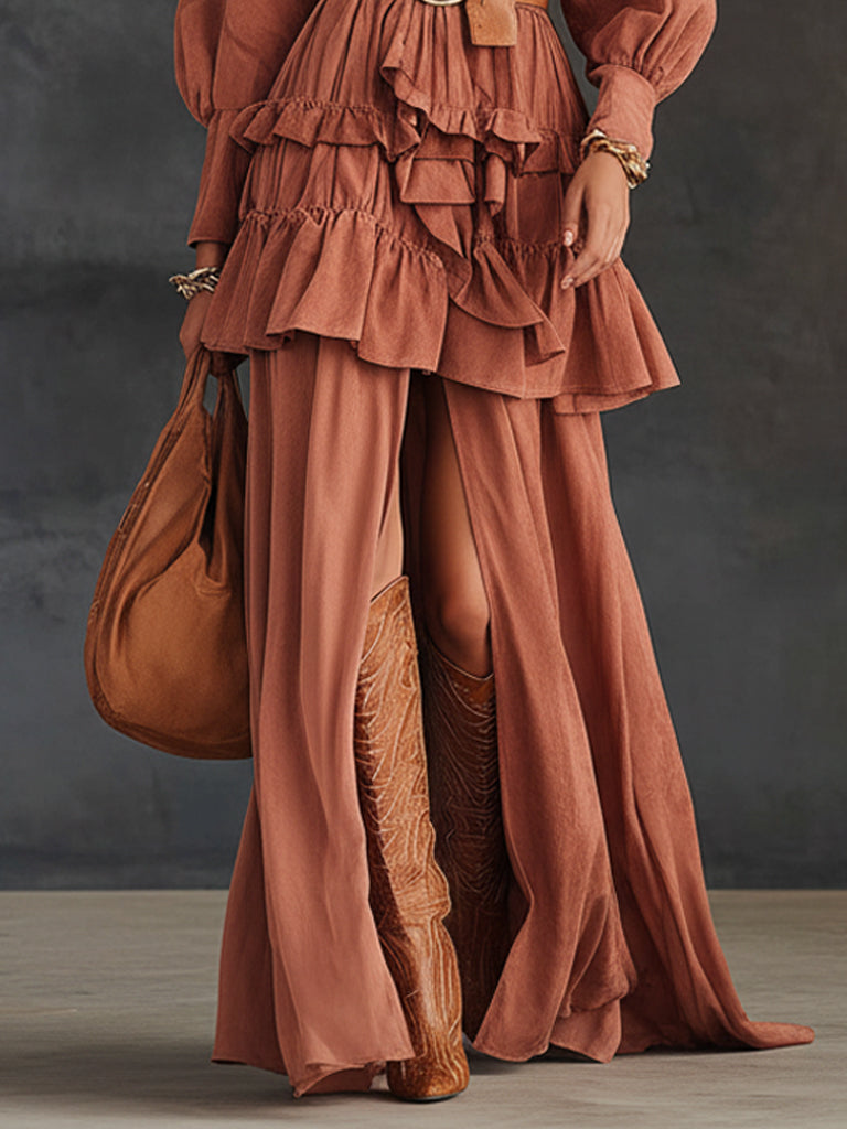 Dark Pink Ruffled Velvet Long Sleeve Maxi Dress With Belt