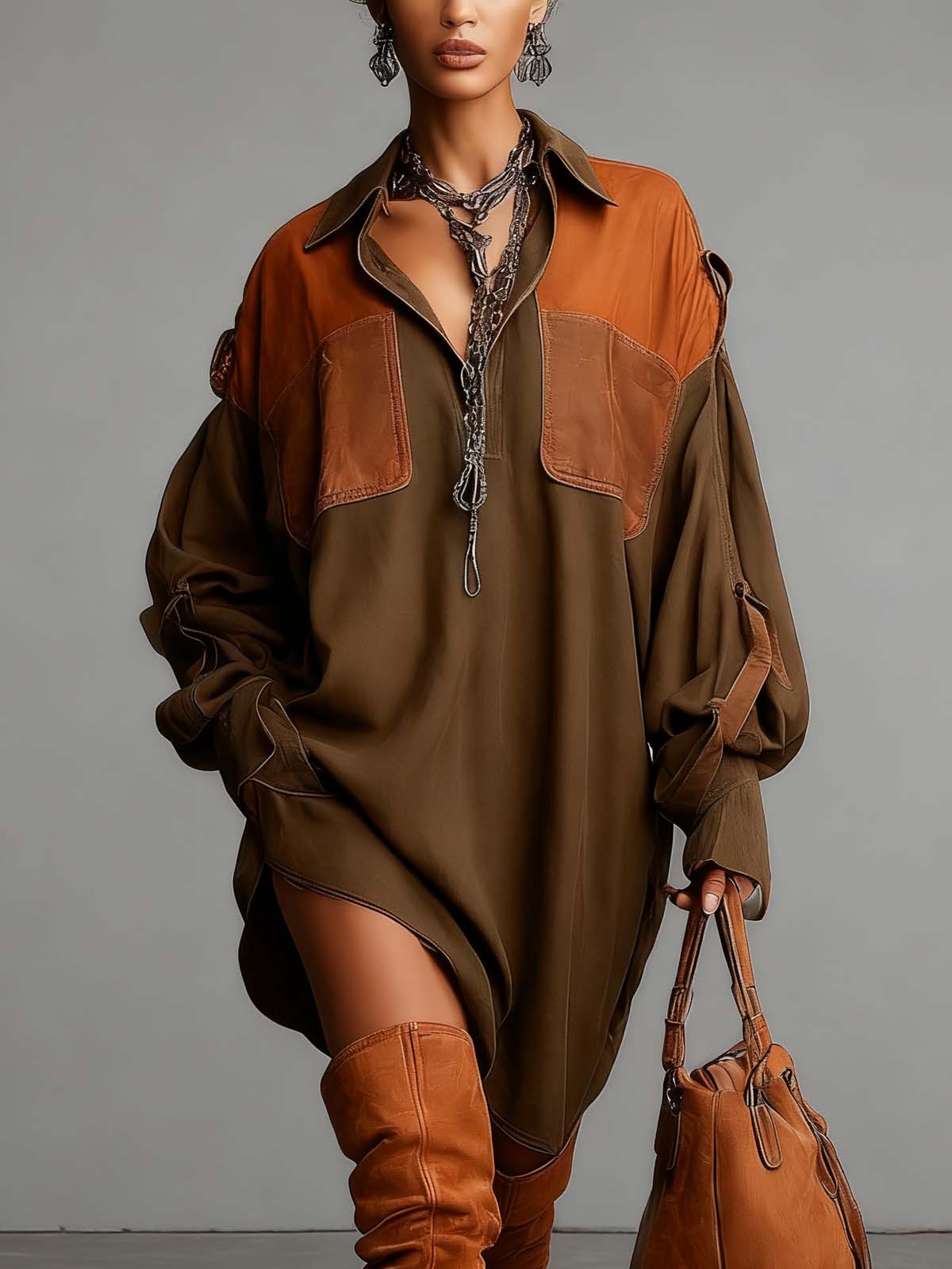 Olive Green Suede And PU Leather Patchwork Loose Mini Skirt