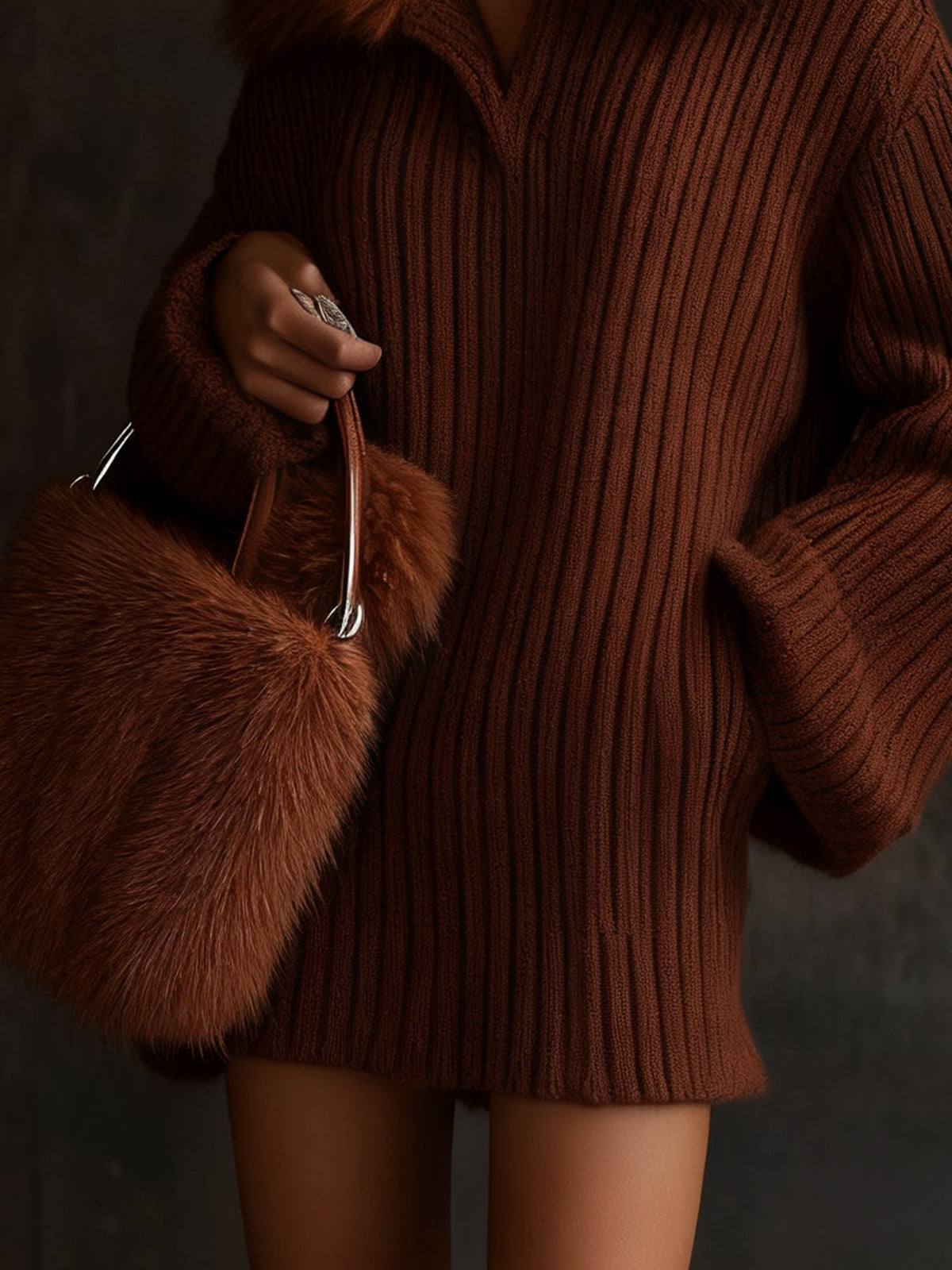 Brown Ribbed Knit Dress With Faux Fur Collar