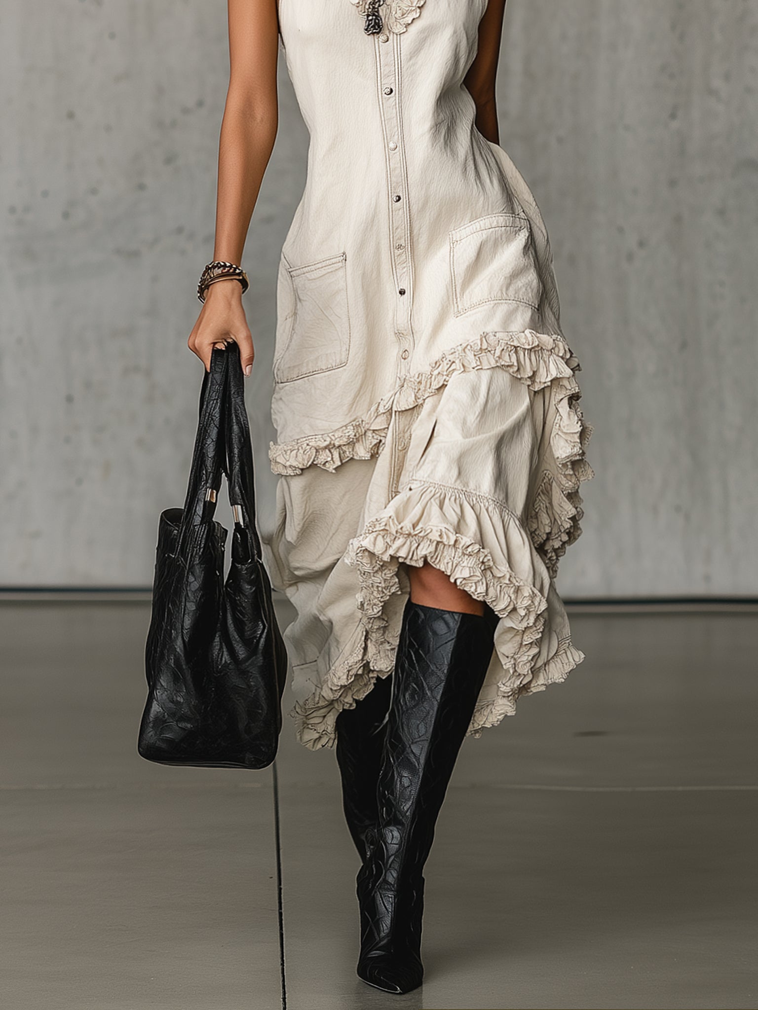 Ivory Washed Cotton Sleeveless High Neck Dress