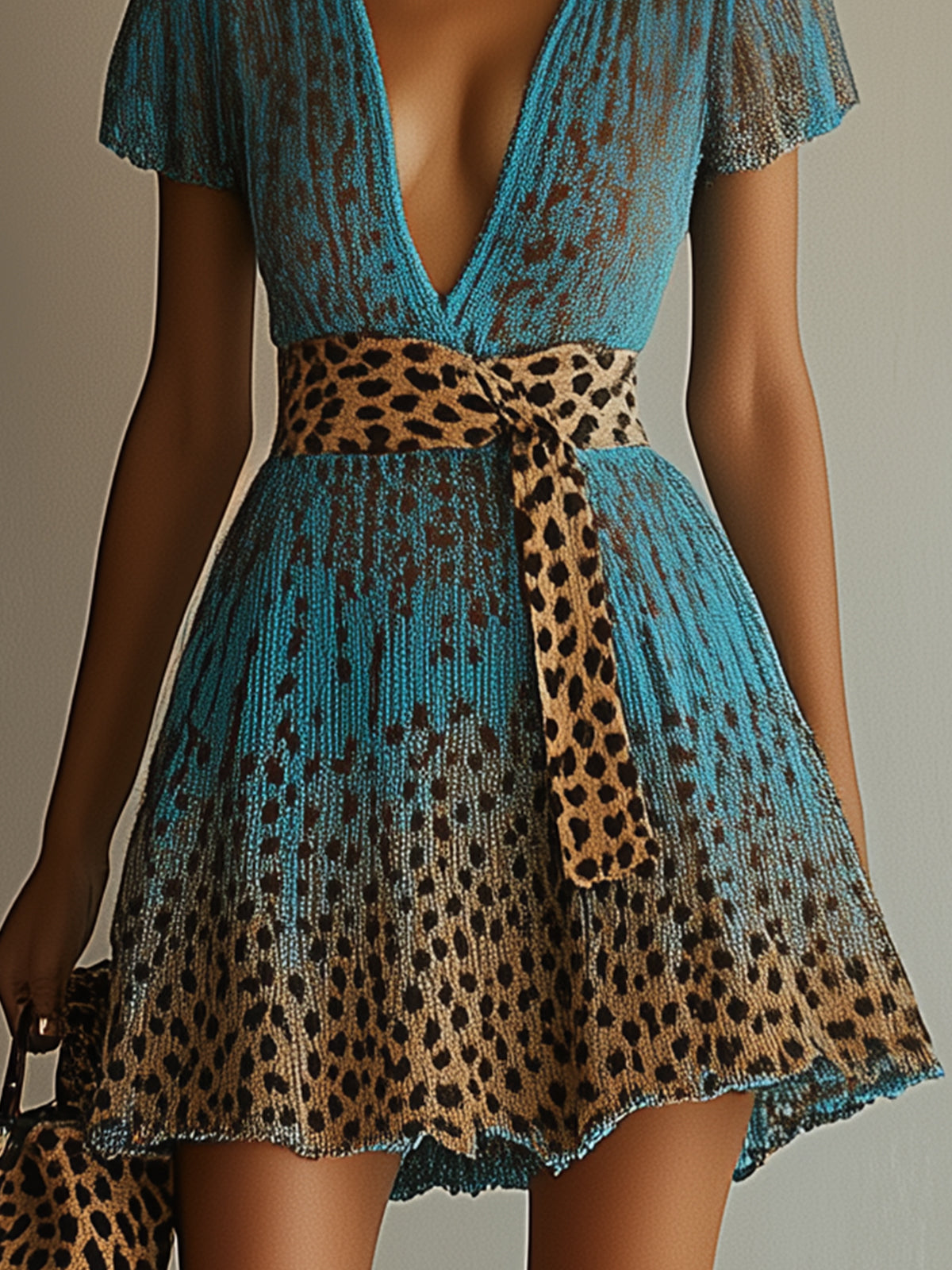 Blue Leopard Print V-Neck Mini Dress With Waist Tie