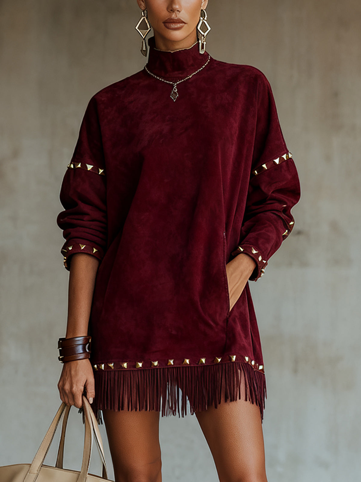 Red Faux Suede Mini Dress With Studded Fringe Trim