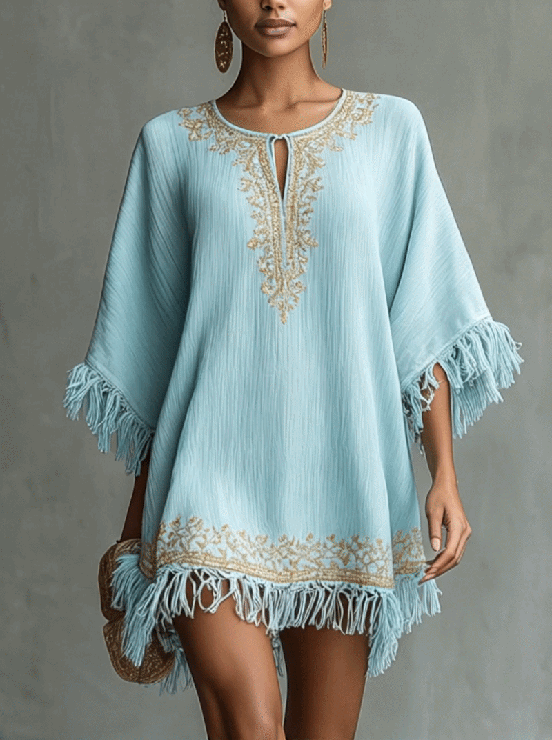 Vintage Embroidered Sky Blue Textured Fringe Mini Dress