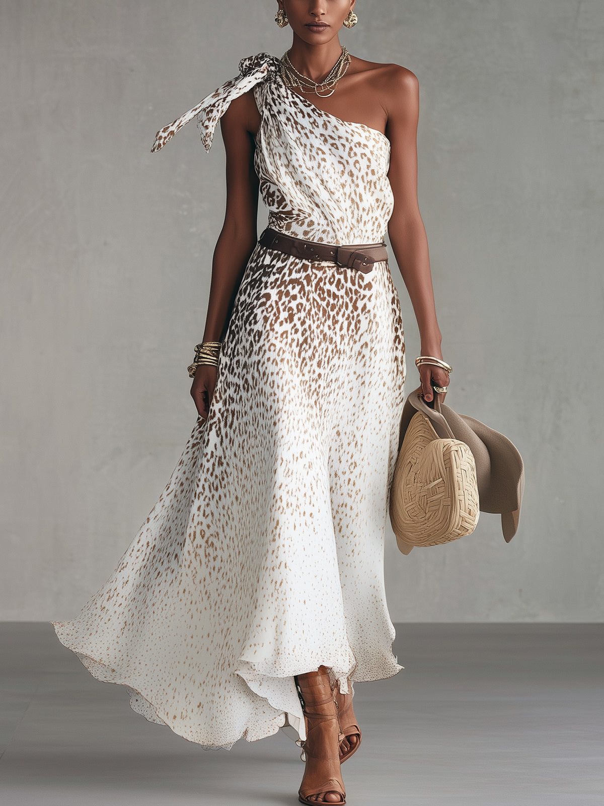 One-Shoulder Animal Print Belted Flowy Maxi Dress