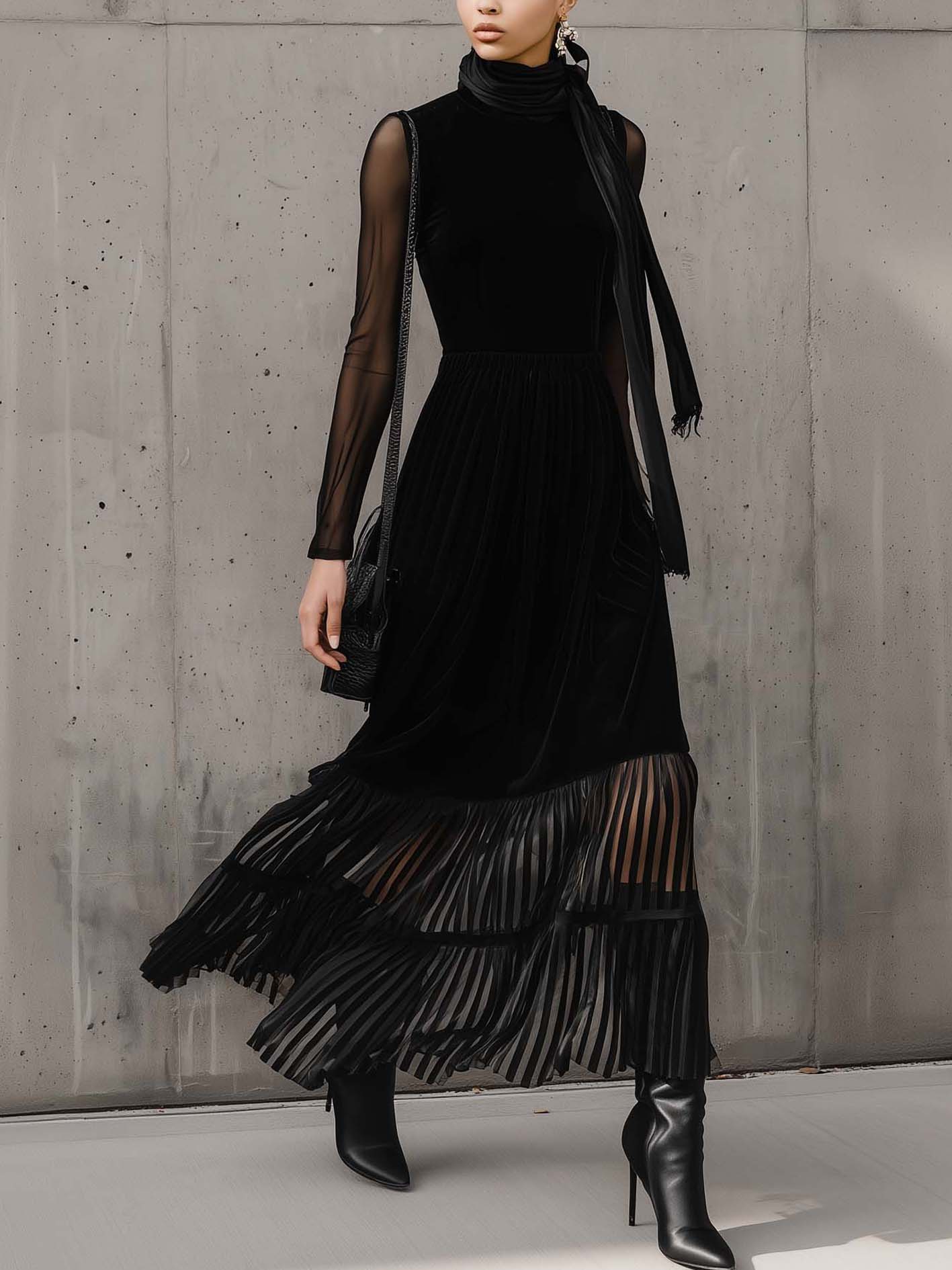 Black Velvet Midi Dress With Striped Organza Hem