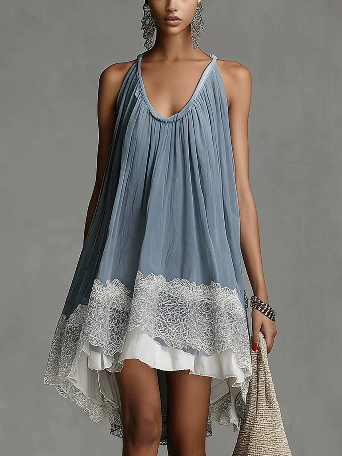 Blue Lace Trim High-Low Pleated Mini Dress