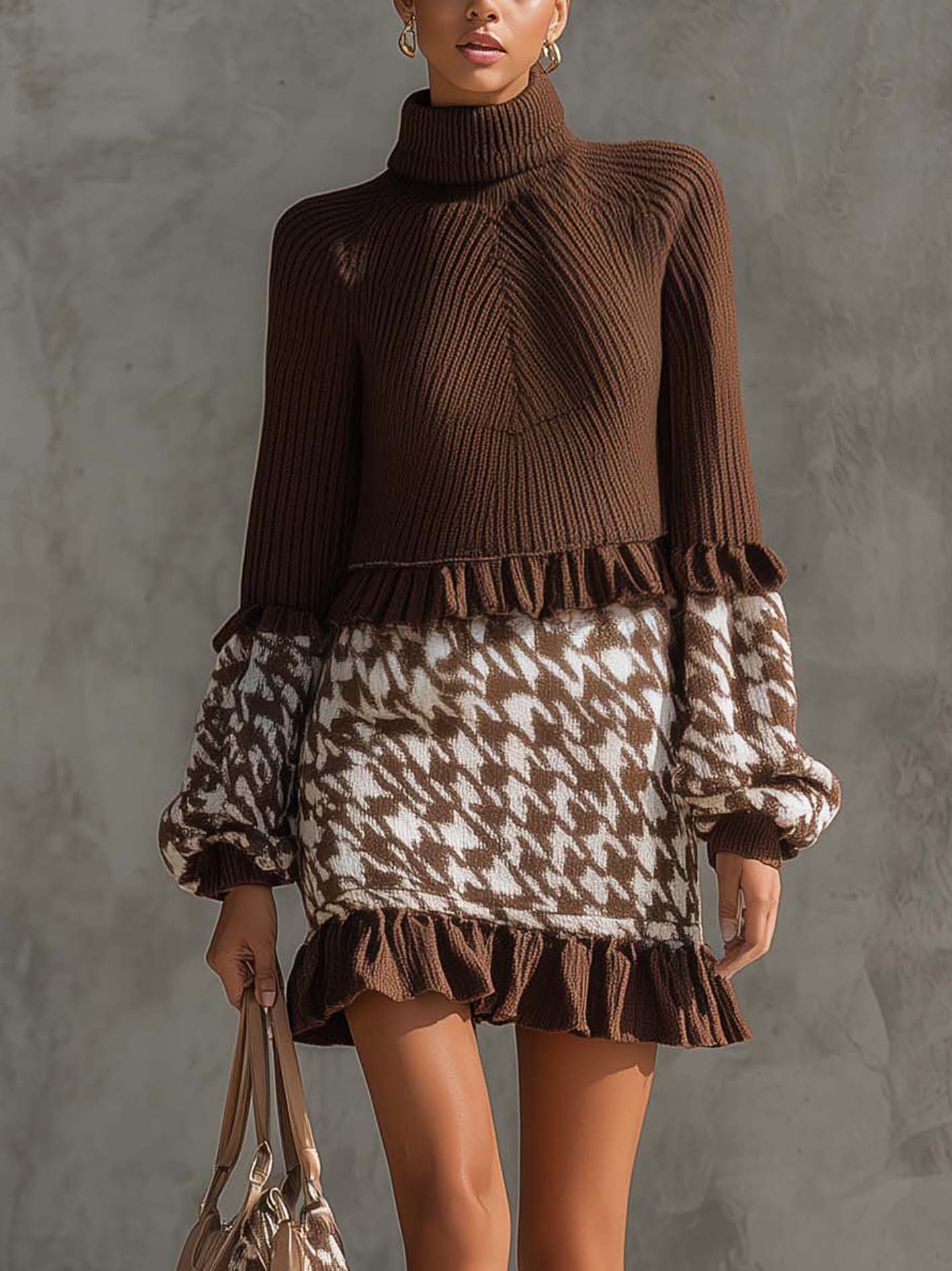 Brown Knit Mini Dress With Houndstooth Pattern And Ruffles