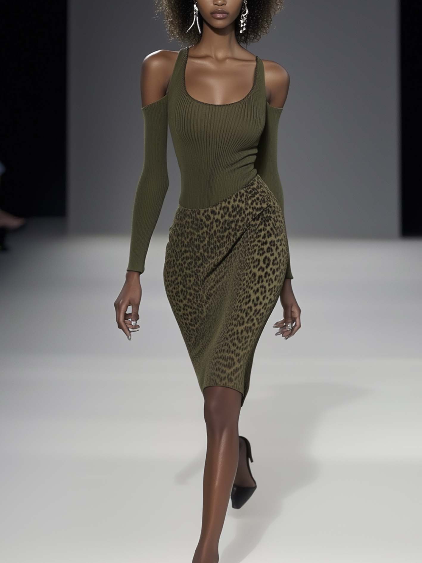 Cold Shoulder Olive Green Knitted Midi Bodycon Dress With Leopard Print