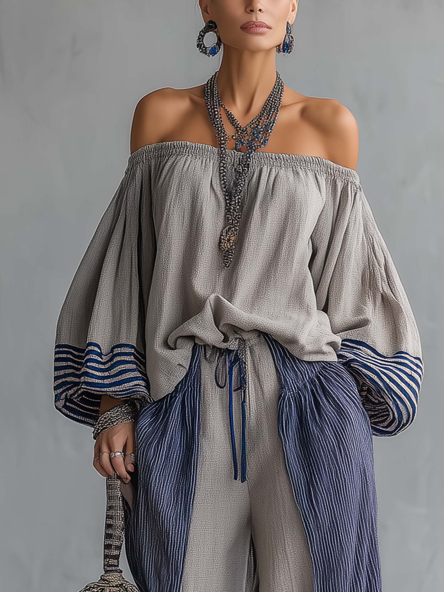 Gray Off Shoulder Top And Wide Leg Pants Set With Blue Striped