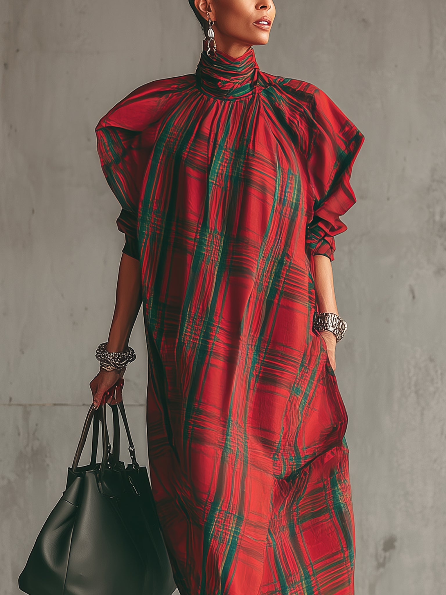 Red Plaid Cotton Half Sleeve Maxi Dress
