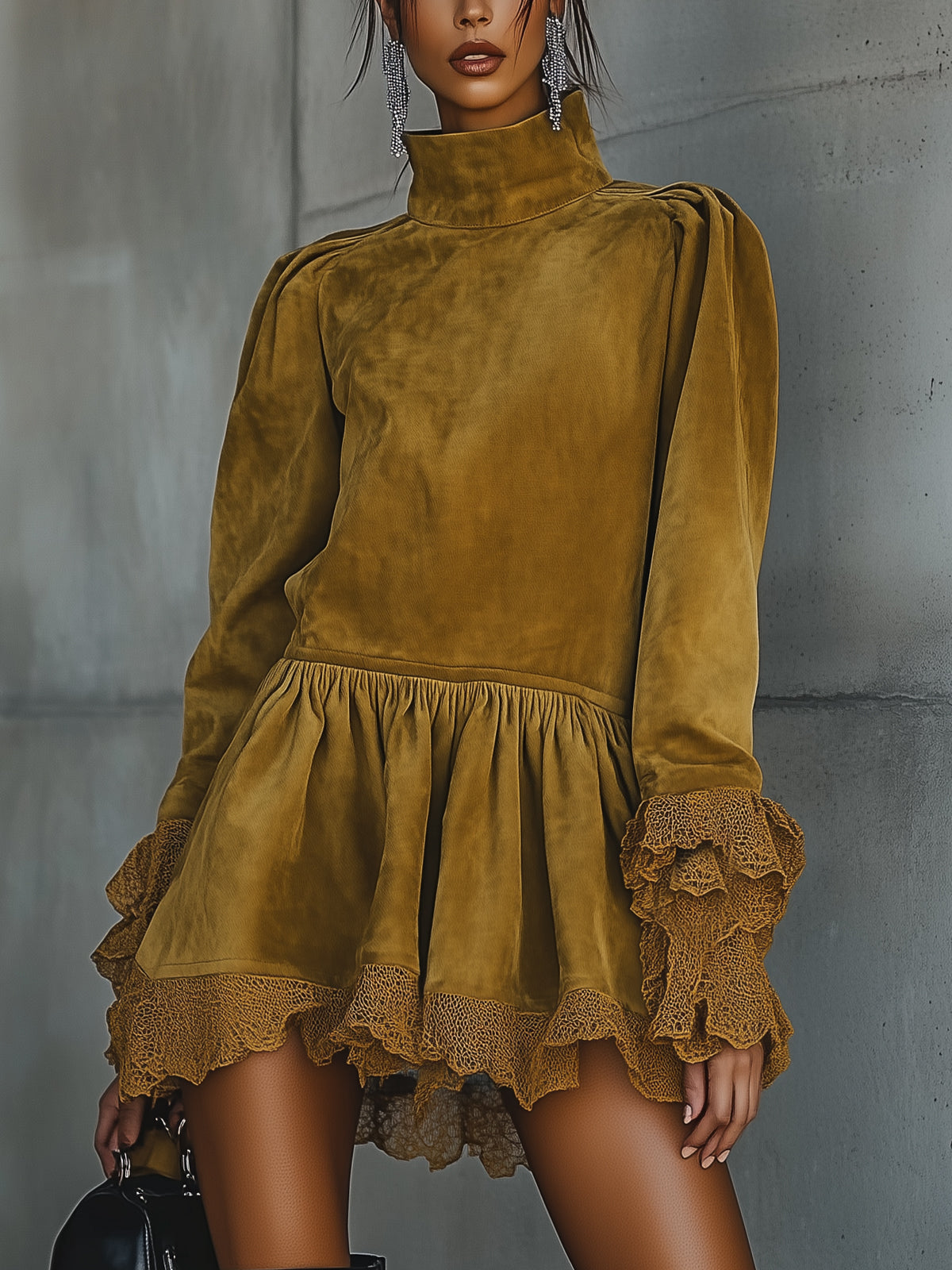 High-Neck Dress With Lace Ruffle Hem