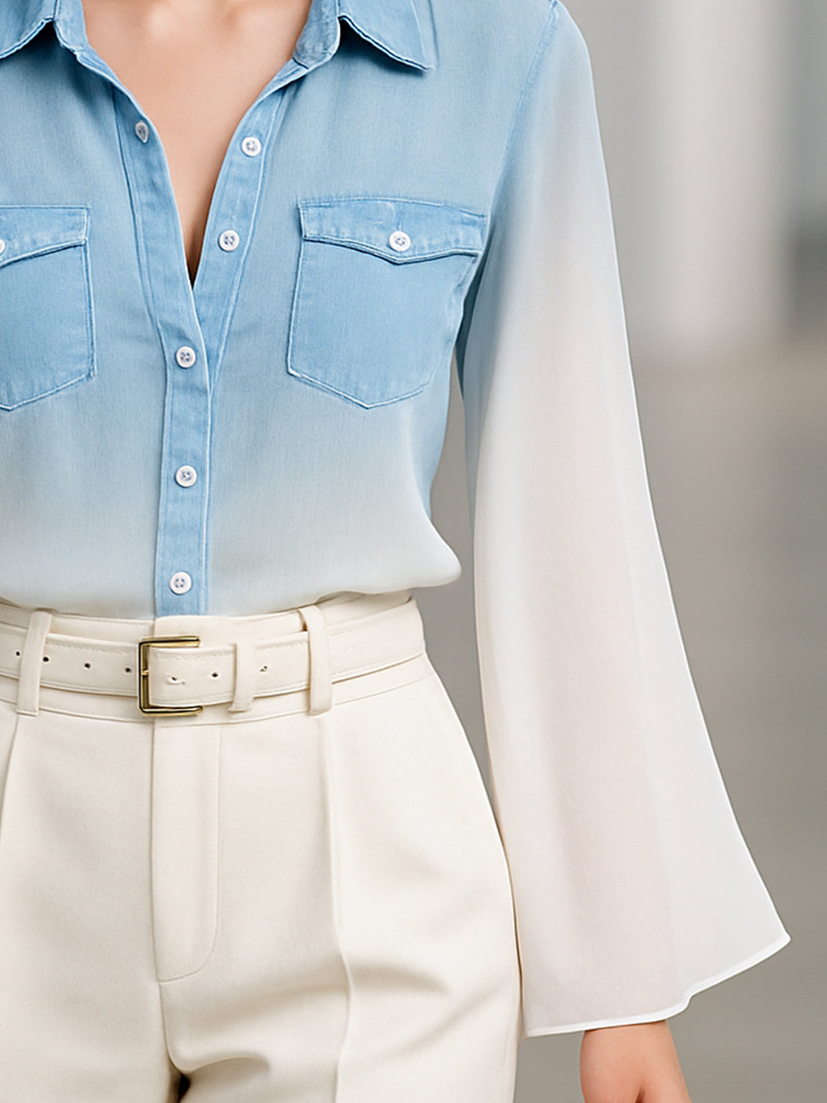 Elegant Ombre Chiffon Sleeve Denim Shirt