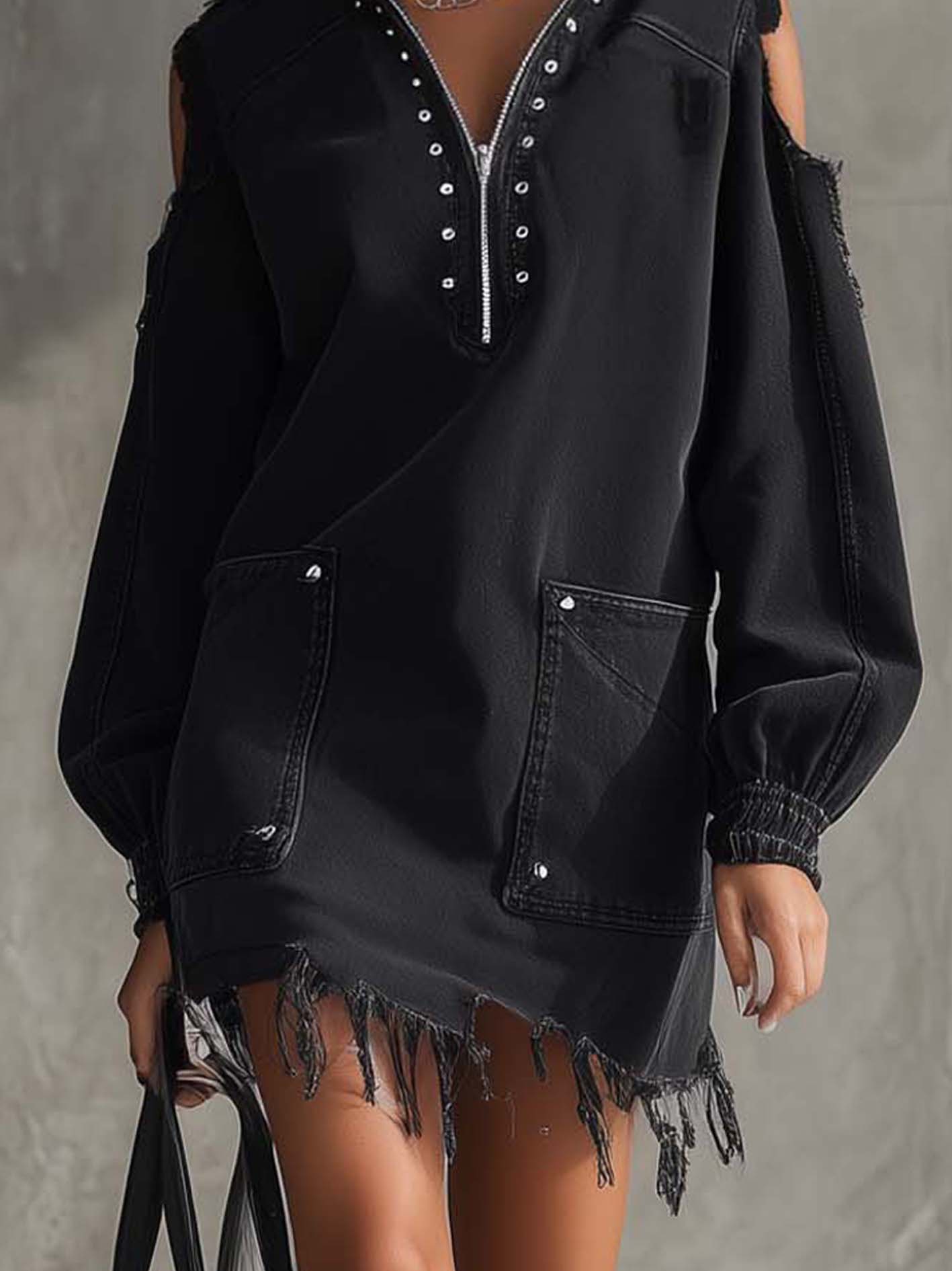 Black Cold Shoulder Denim Mini Dress With Zipper