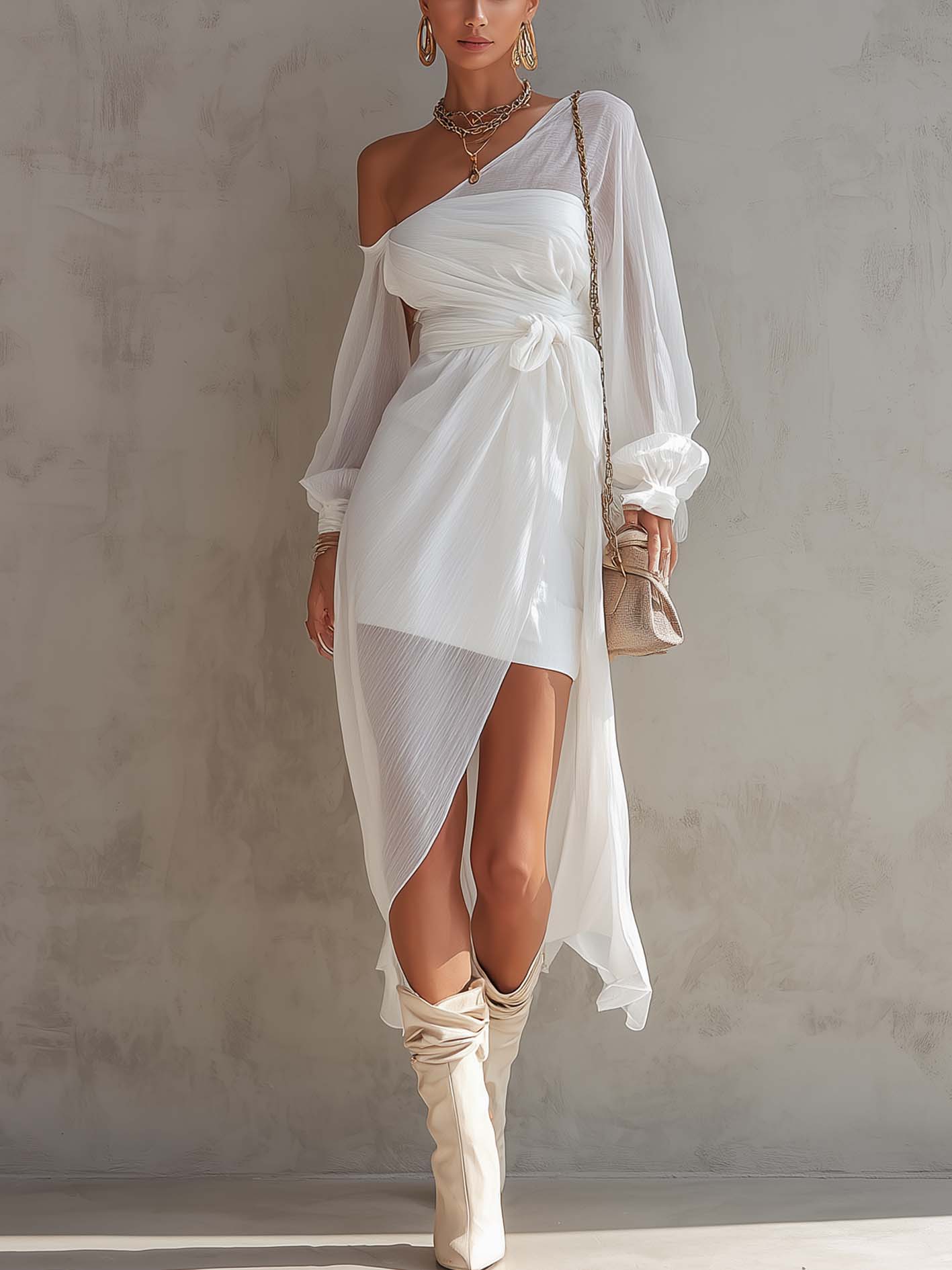 White One Shoulder Double Layer Midi Dress With Side Slit