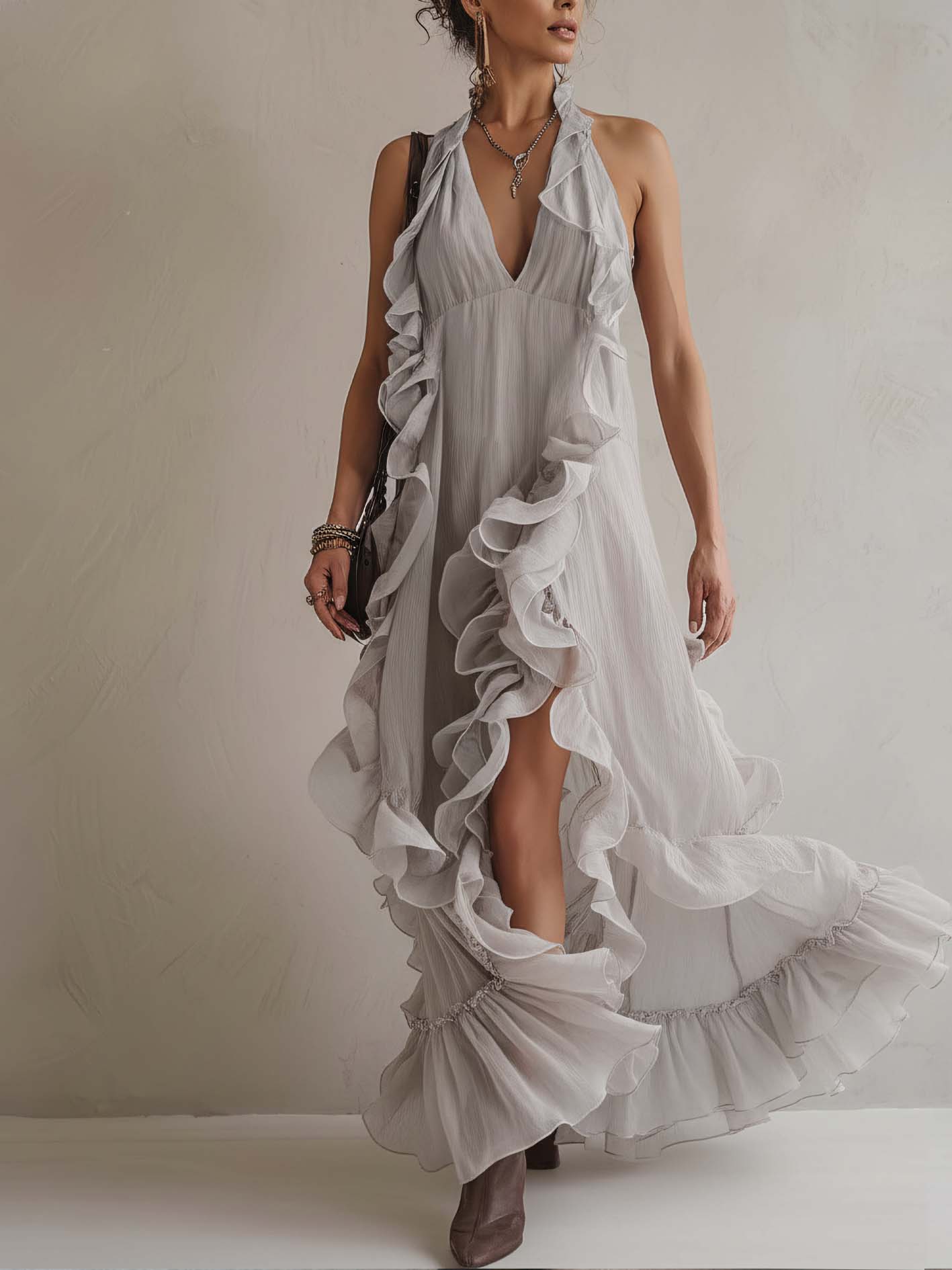 Light Gray Flowy Ruffle Chiffon Maxi Dress