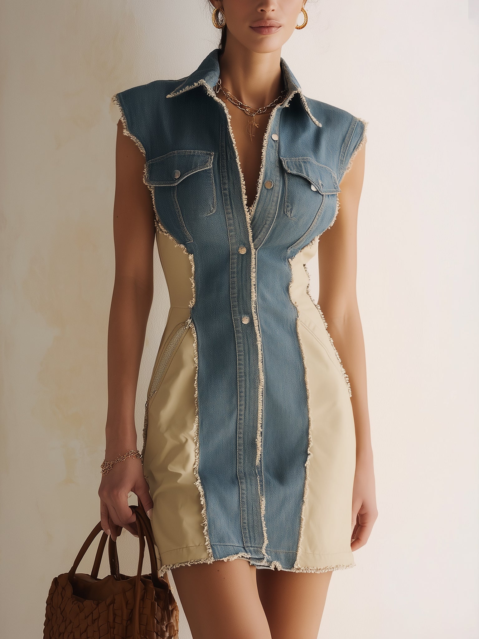 Blue Color Block Washed Denim Frayed Mini Dress